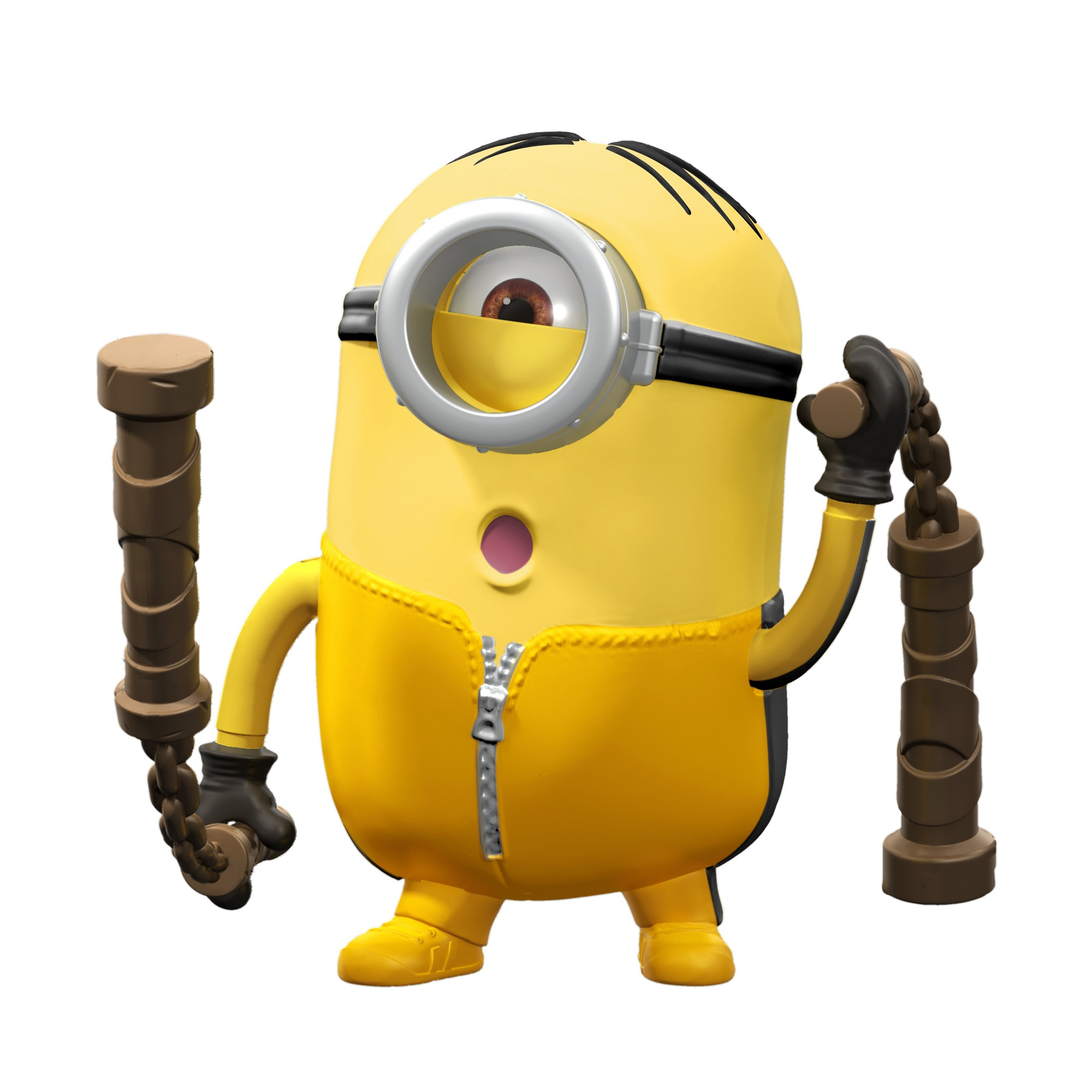 Eine gelbe Minion-Figur mit Brille, die braune Nunchucks hält. Sie trägt einen gelben Overall mit Reißverschluss und schwarze Handschuhe.