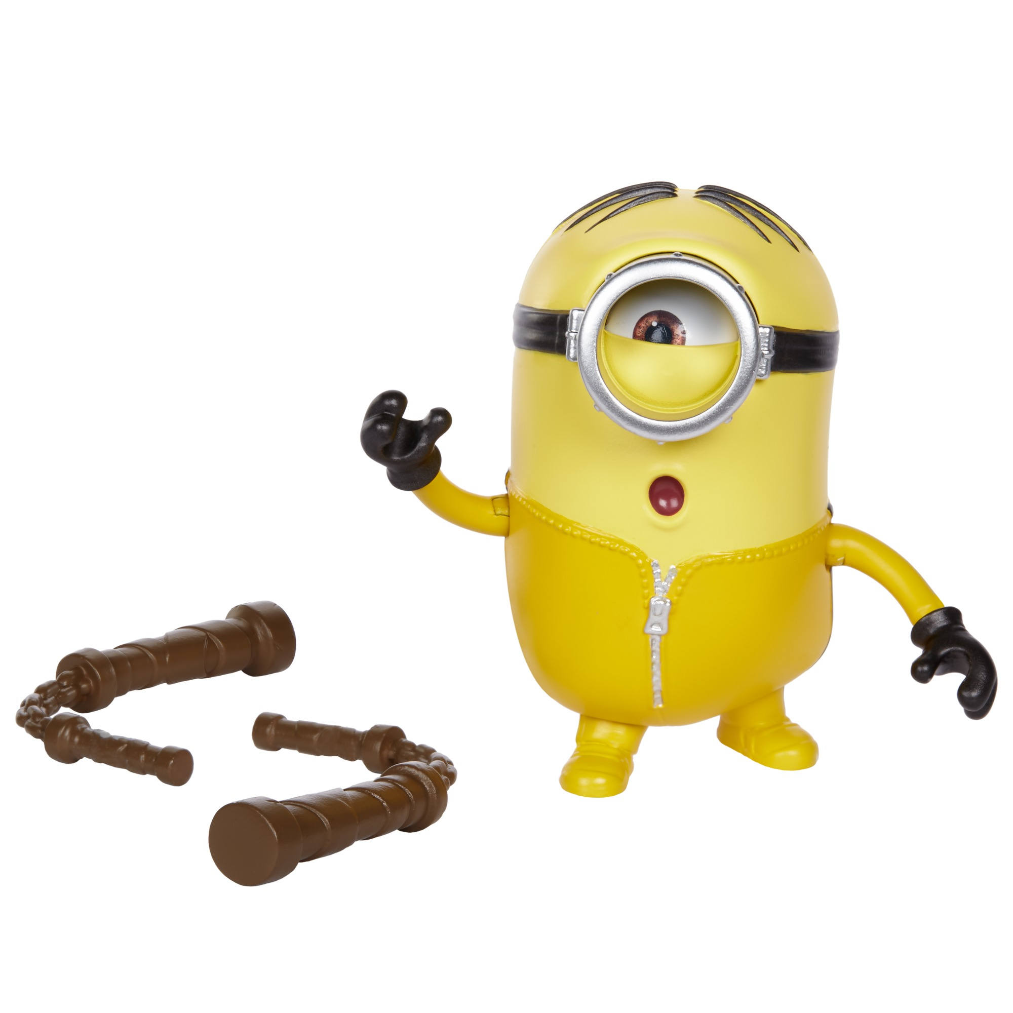 Ein gelbes Minion-Spielzeug mit einem Auge, schwarzen Handschuhen und braunen Nunchakus auf weißem Hintergrund.