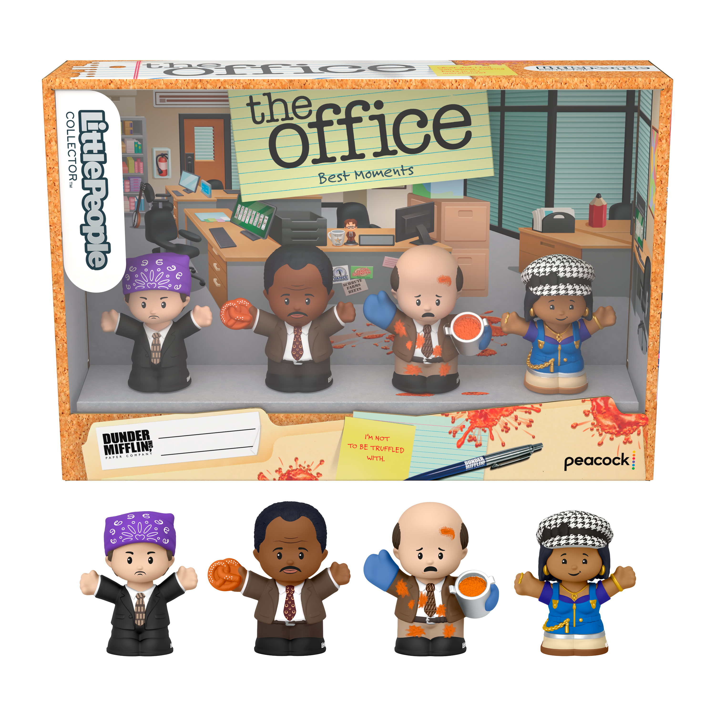 Zestaw 'The Office' Little People. Cztery postacie w pudełku i cztery figurki wyświetlane poniżej.