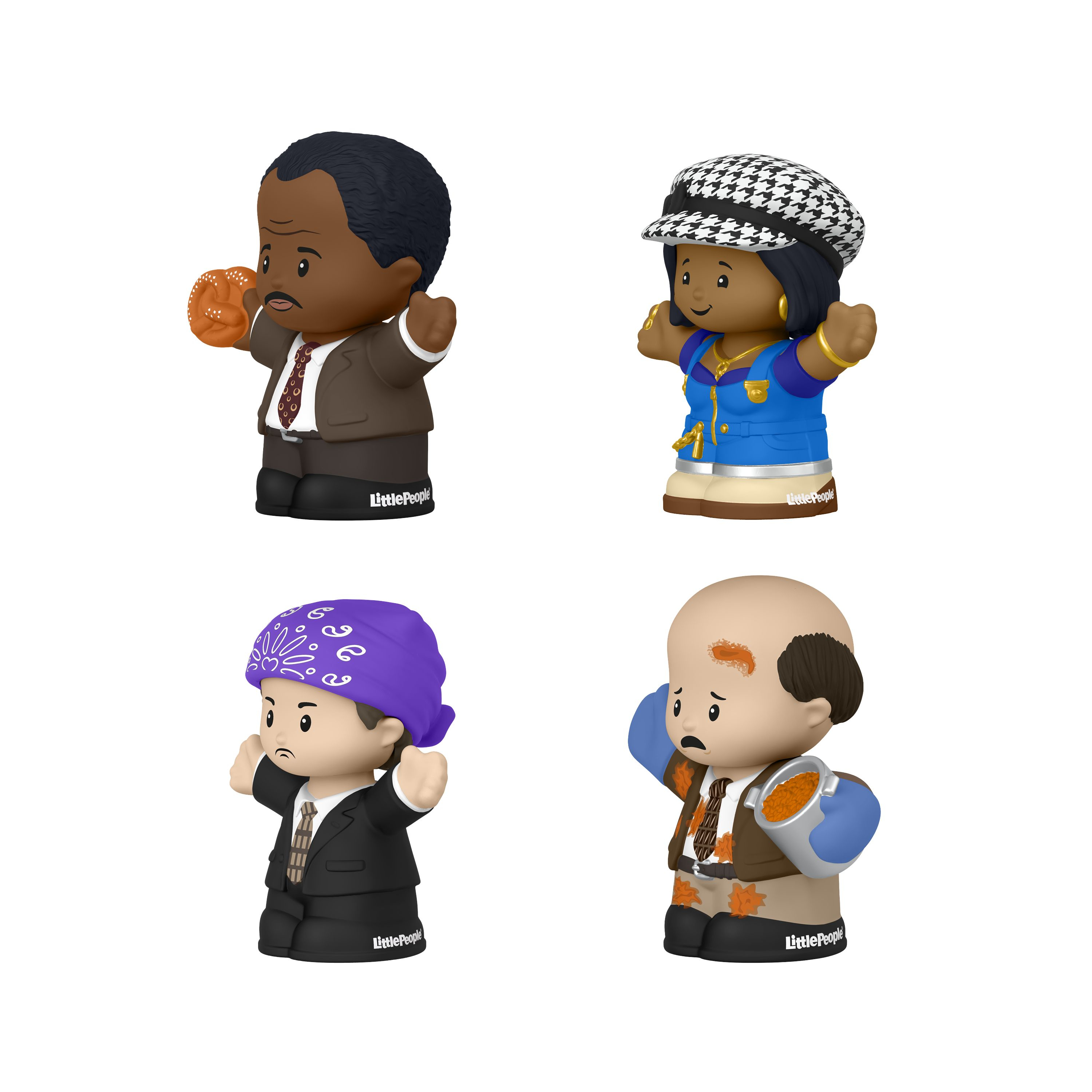Cztery figurki Little People: mężczyzna z preclem, kobieta w kapeluszu, mężczyzna z bandaną i mężczyzna z miską.
