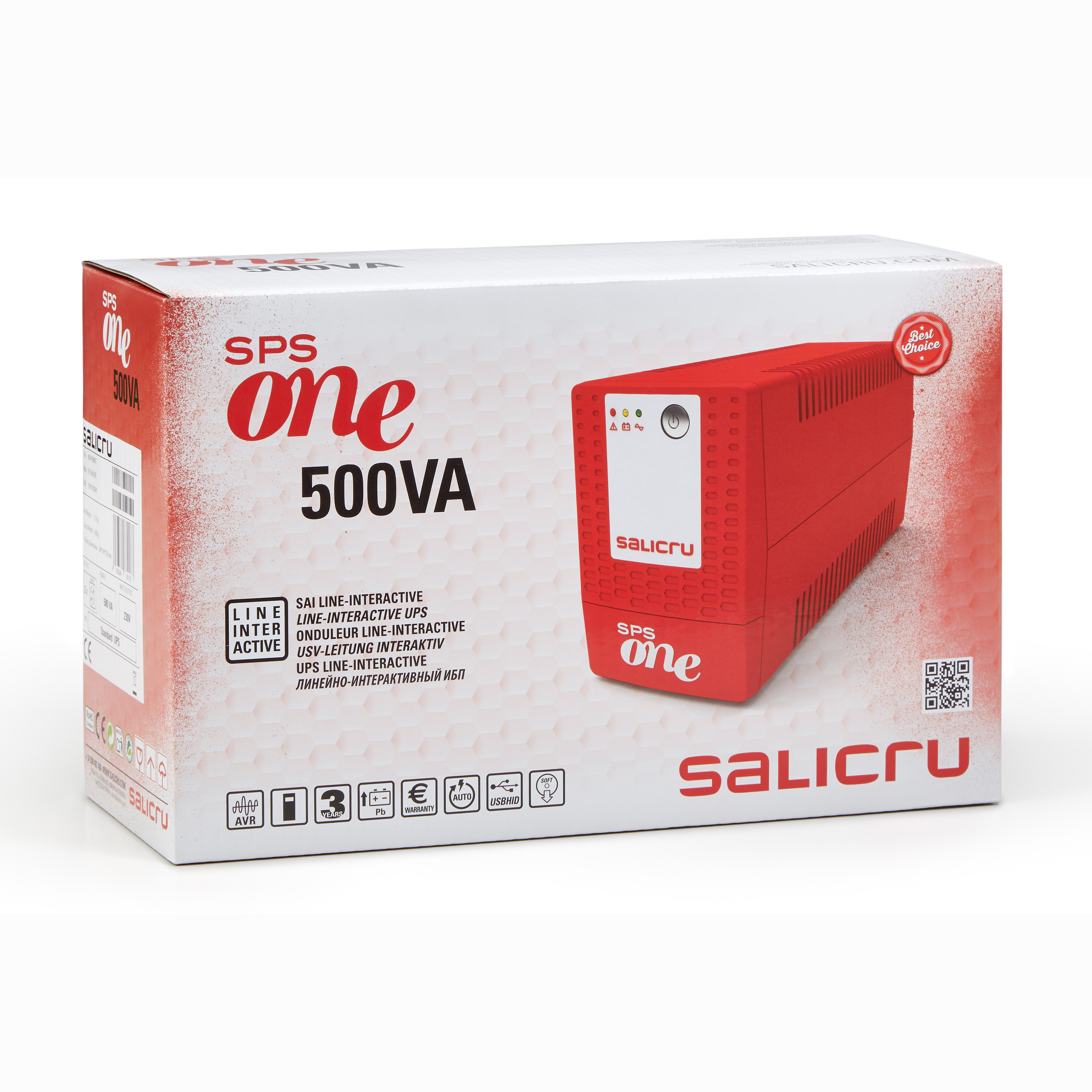 Una caja roja y blanca de SAI. La caja está etiquetada como 'SPS one 500VA' con el logo de Salicru.