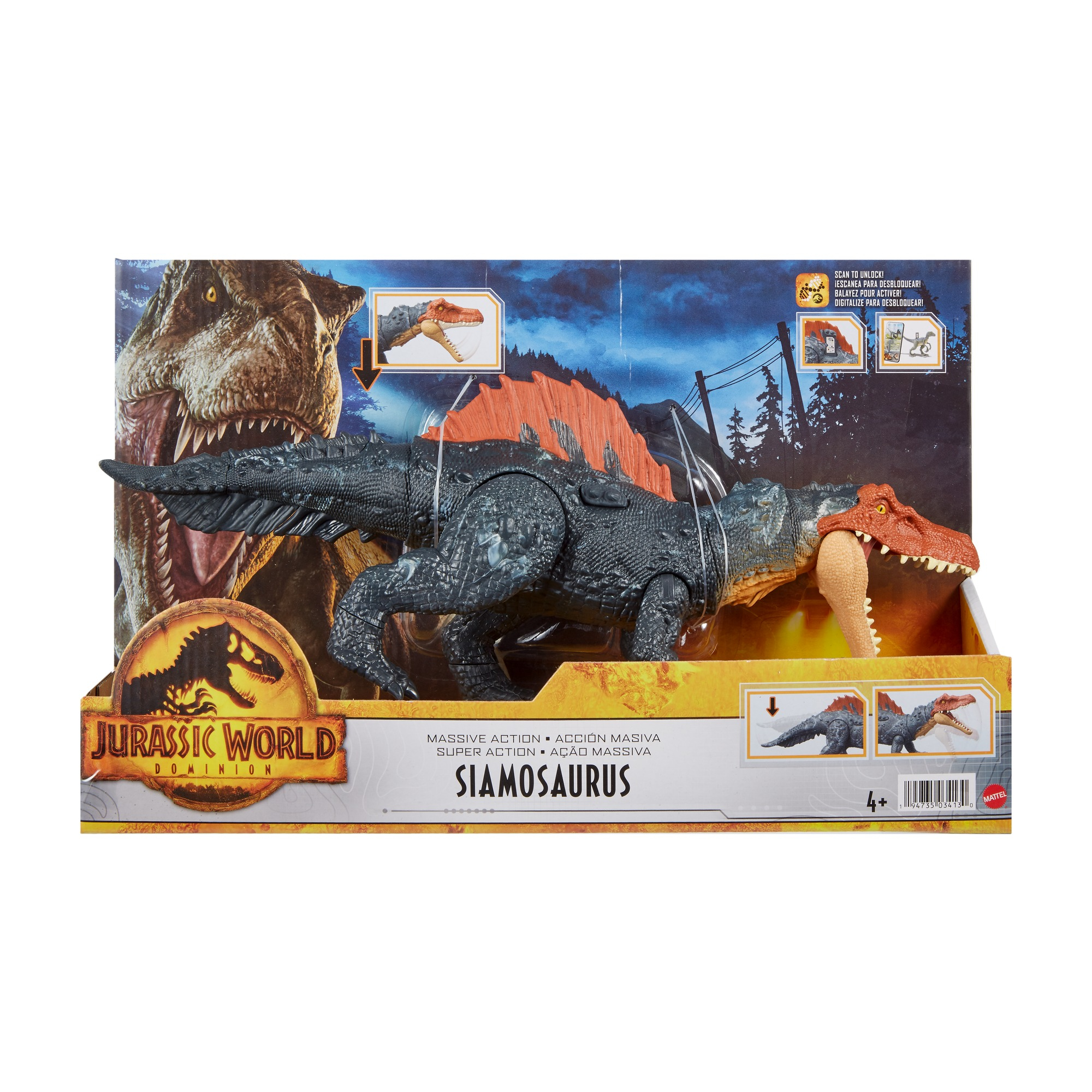 Una scatola di giocattoli di Jurassic World presenta una figura di Spinosaurus con vela arancione, un'immagine di T-Rex e il logo Jurassic World.