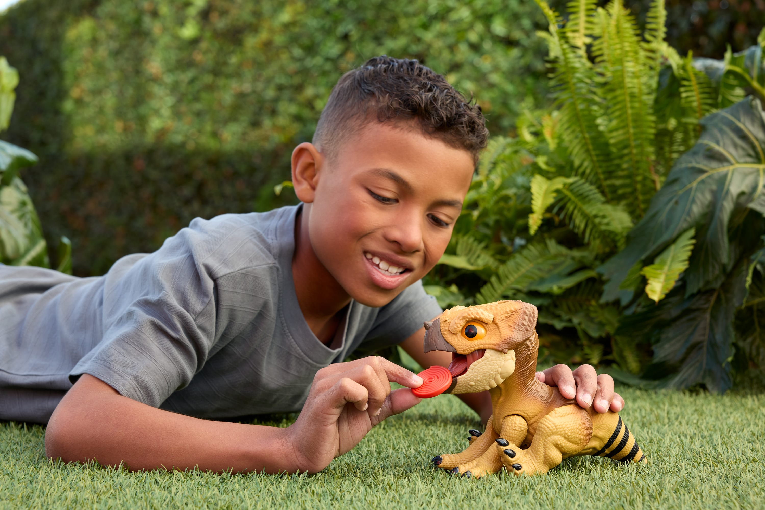 Un niño en la hierba sonríe a un dinosaurio de juguete. Sostiene un disco rojo cerca de la boca del dinosaurio.