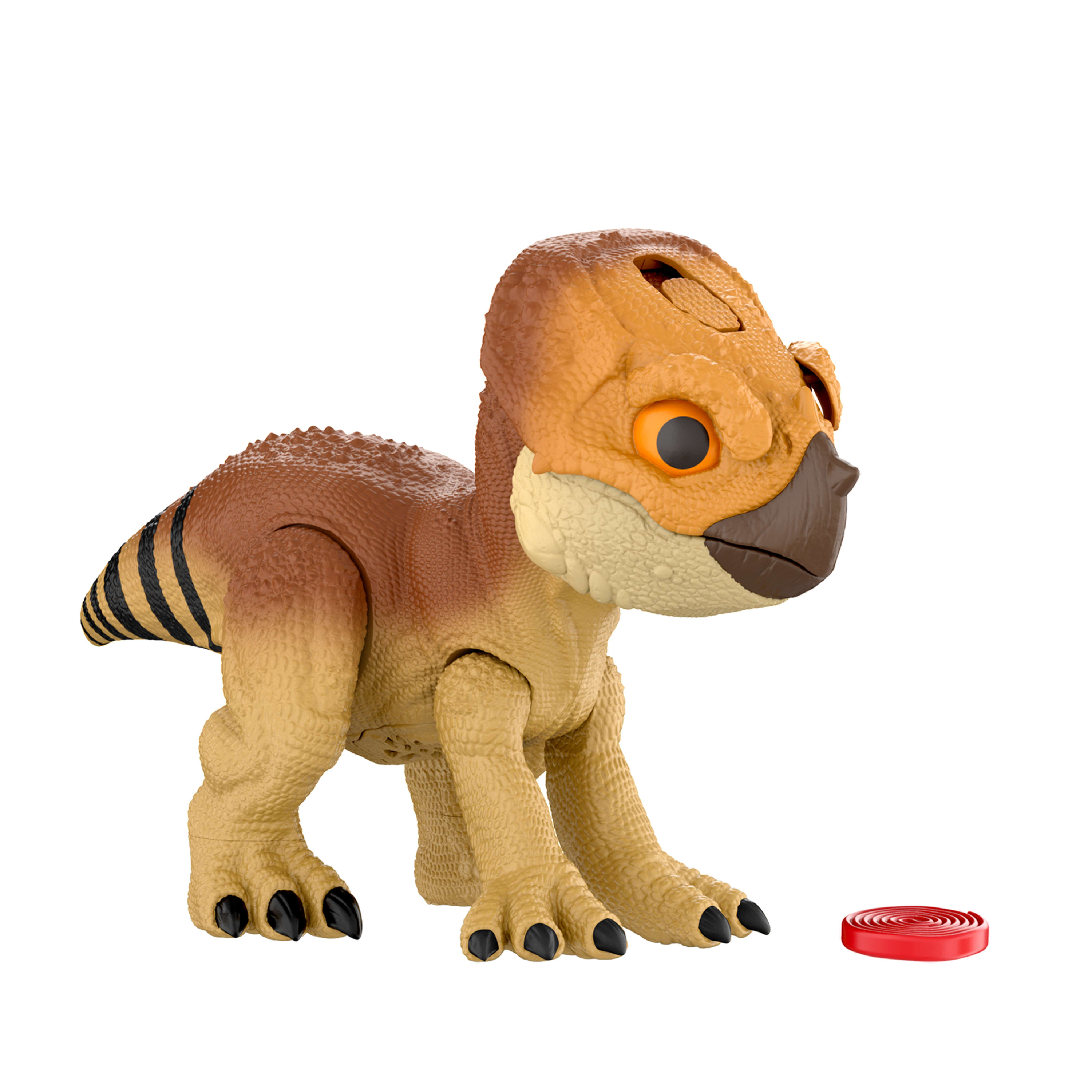 Un dinosaurio de juguete con cabeza y cuerpo marrón, rayas negras en la cola y un disco rojo.