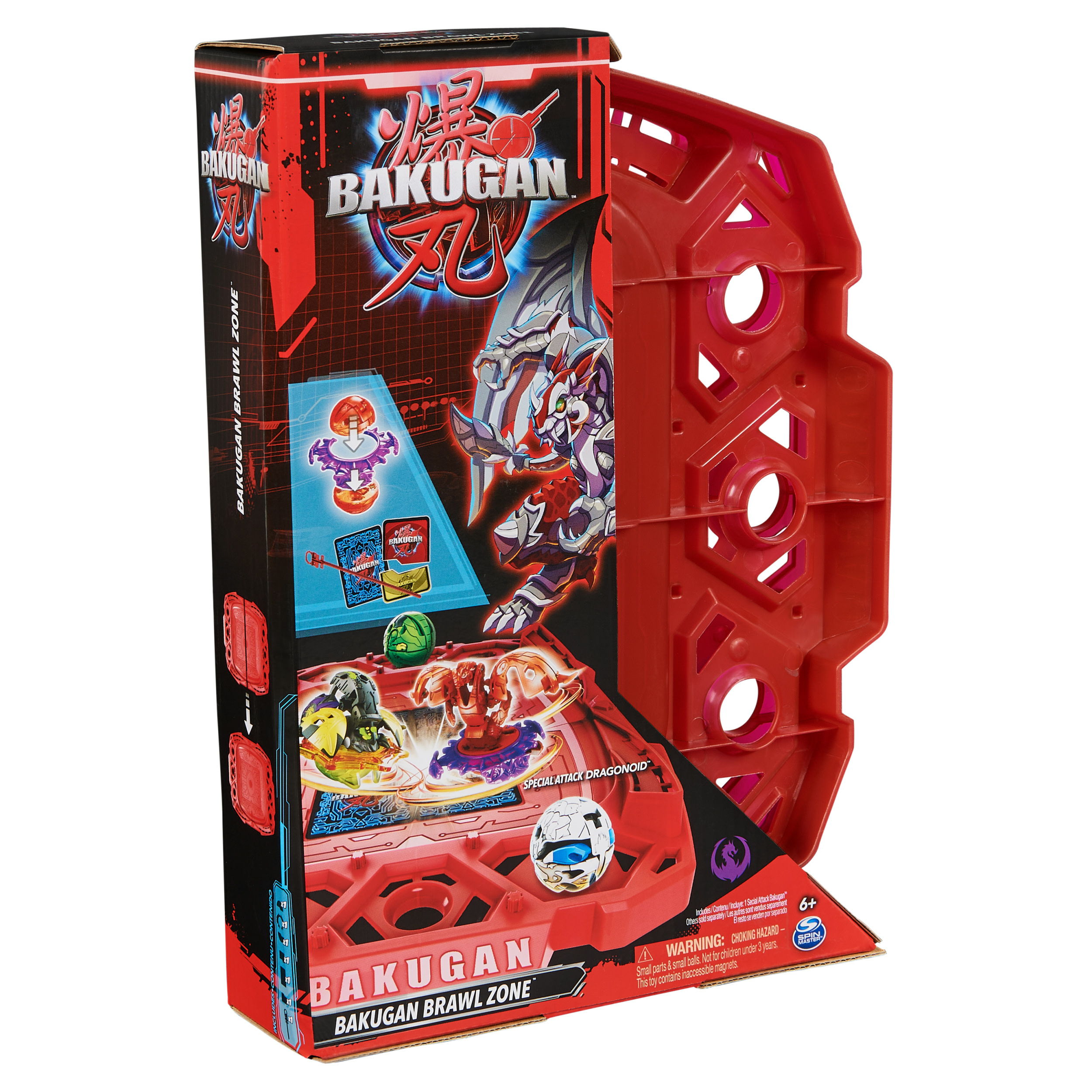 Pudełko z zabawką Bakugan Brawl Zone. Kolory czerwony i czarny. Na pudełku widoczne są figury smoków i elementy gry.