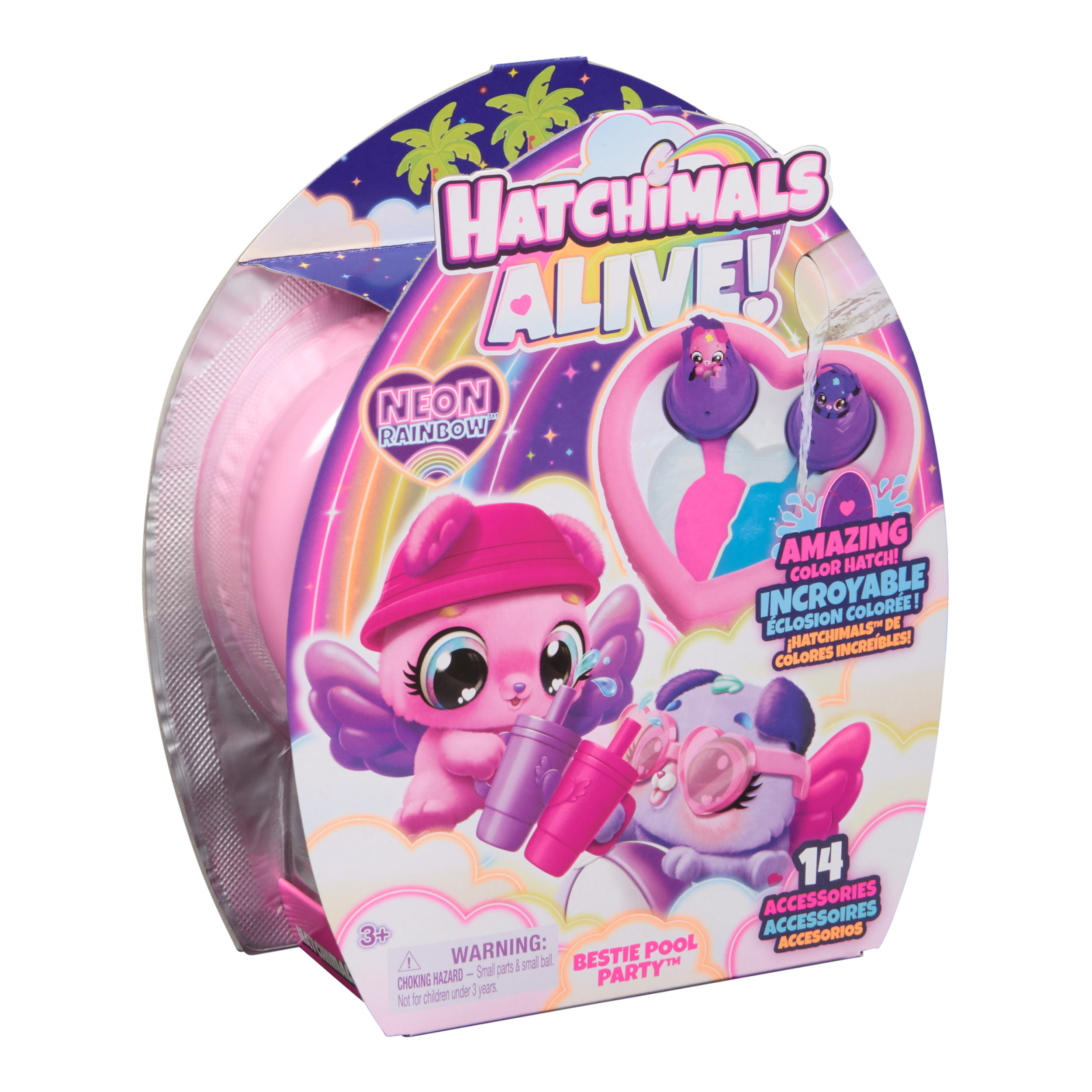 Schachtel mit Hatchimals Alive!-Spielzeug. Es zeigt Cartoon-Figuren und Text, darunter 'Neon Rainbow' und 'Bestie Pool Party'.