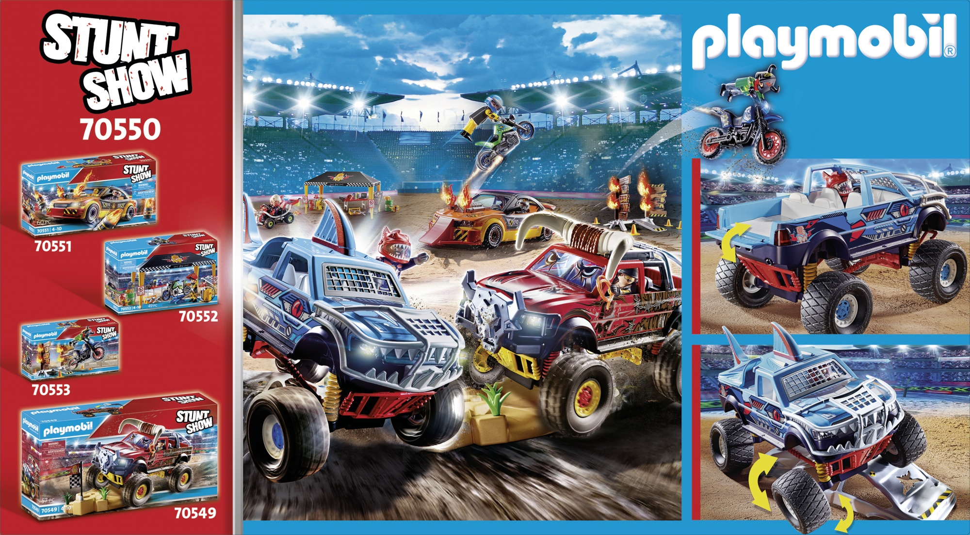 Playmobil Stunt Show con monster trucks, motos y coches de carreras en un estadio con llamas y acción.