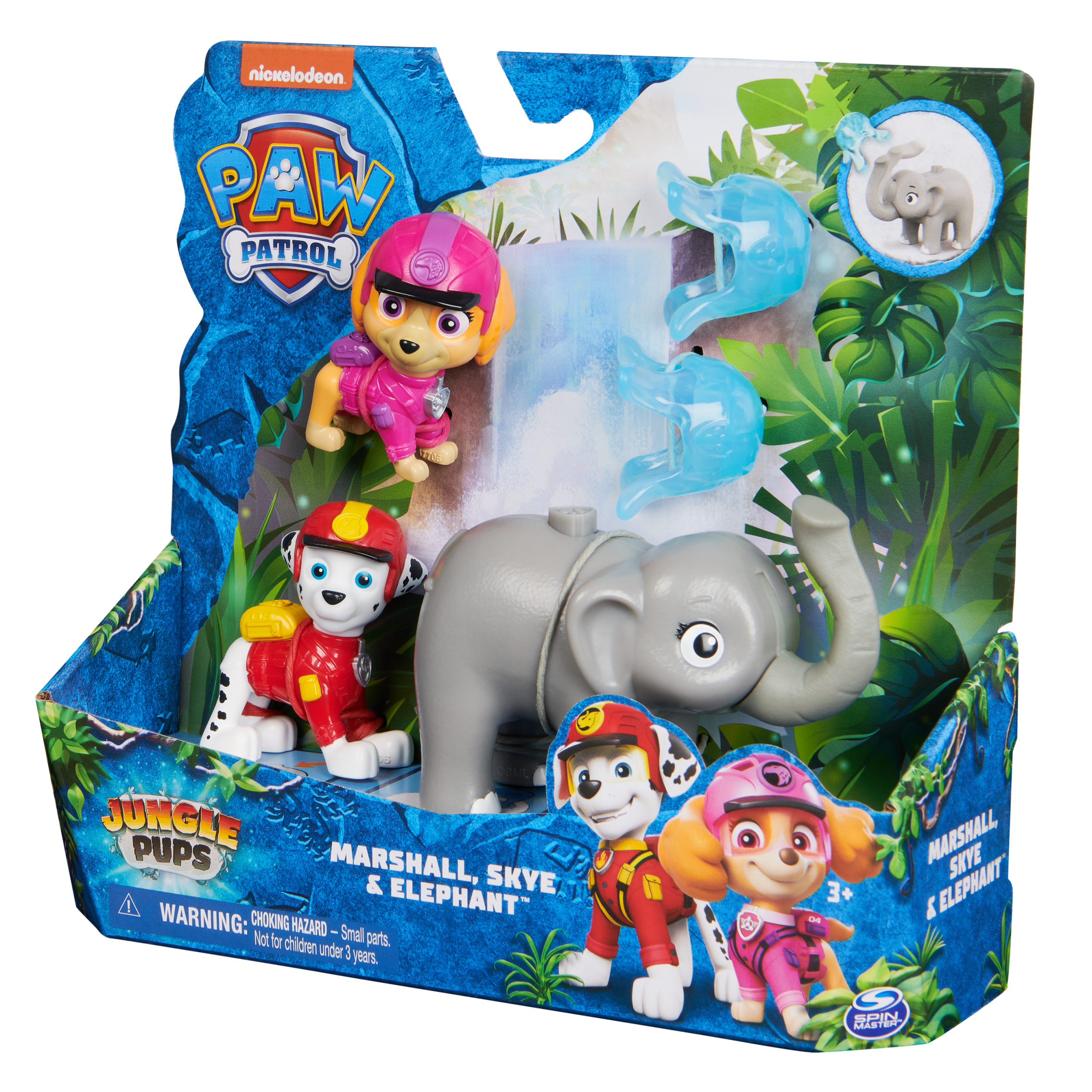 Un set di giocattoli Paw Patrol con Marshall, Skye e un elefante. La scatola mostra il tema Jungle Pups.