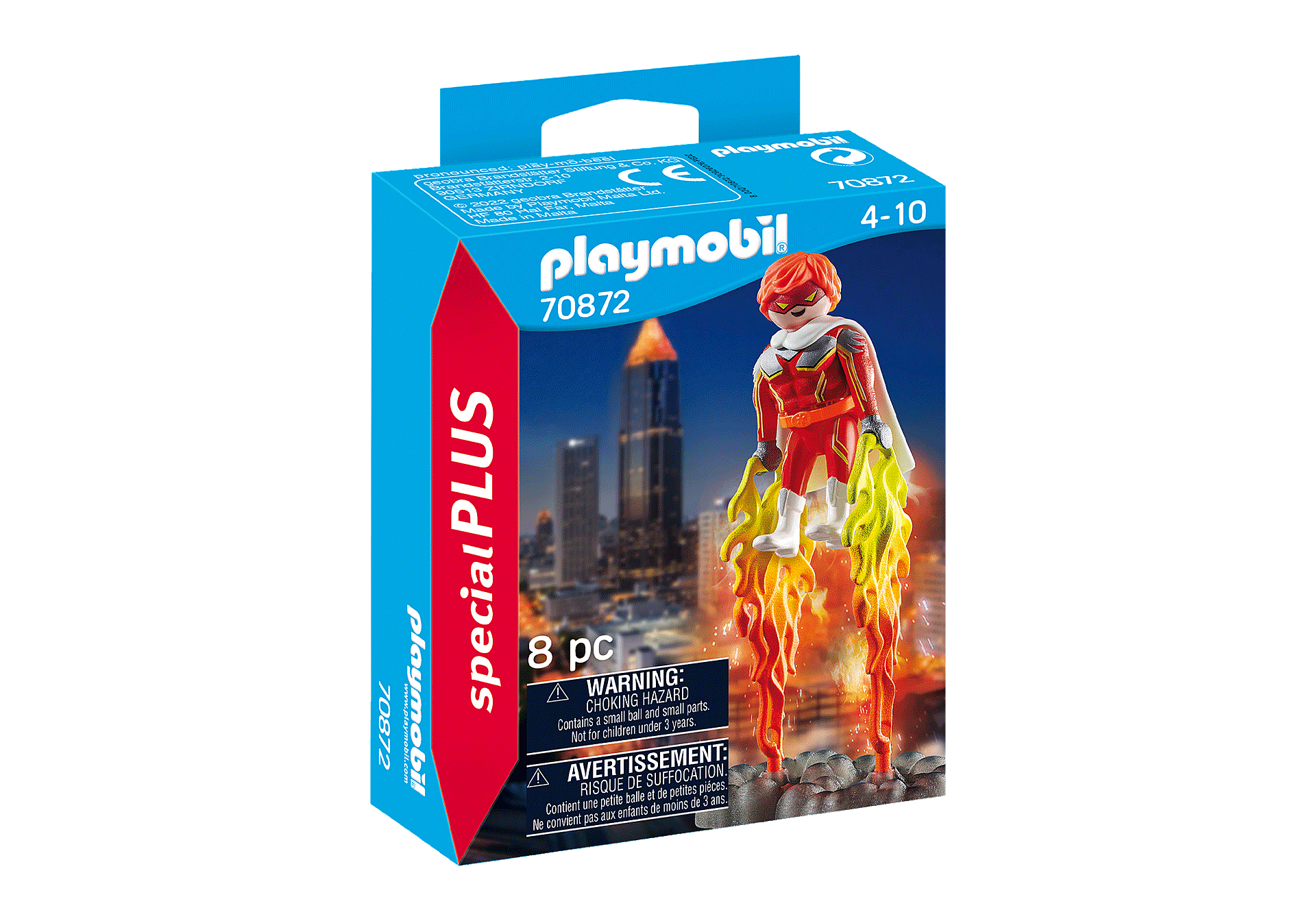Pudełko Playmobil z postacią superbohatera. Postać ma czerwono-złoty kostium i żółte płomienie. Tłem jest miasto.