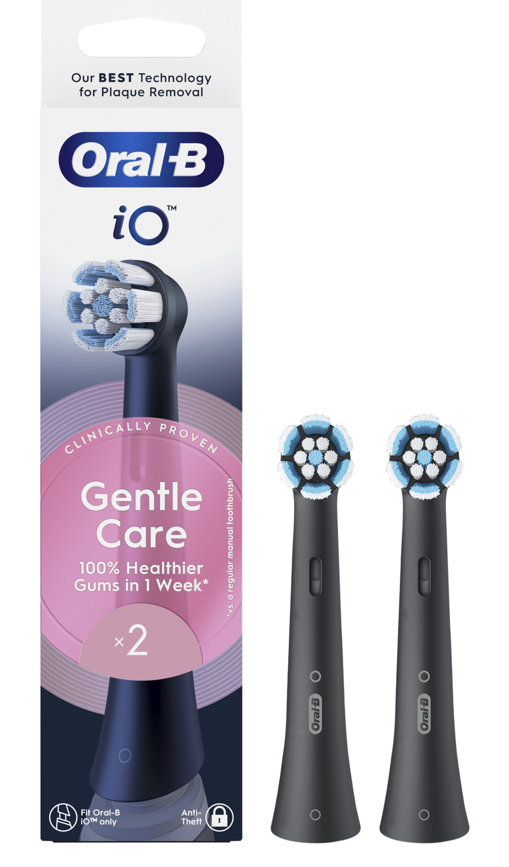 Image shows Oral-B iO toothbrush heads. Package on left, 2 heads on right. Pink accents, blue and white bristles.