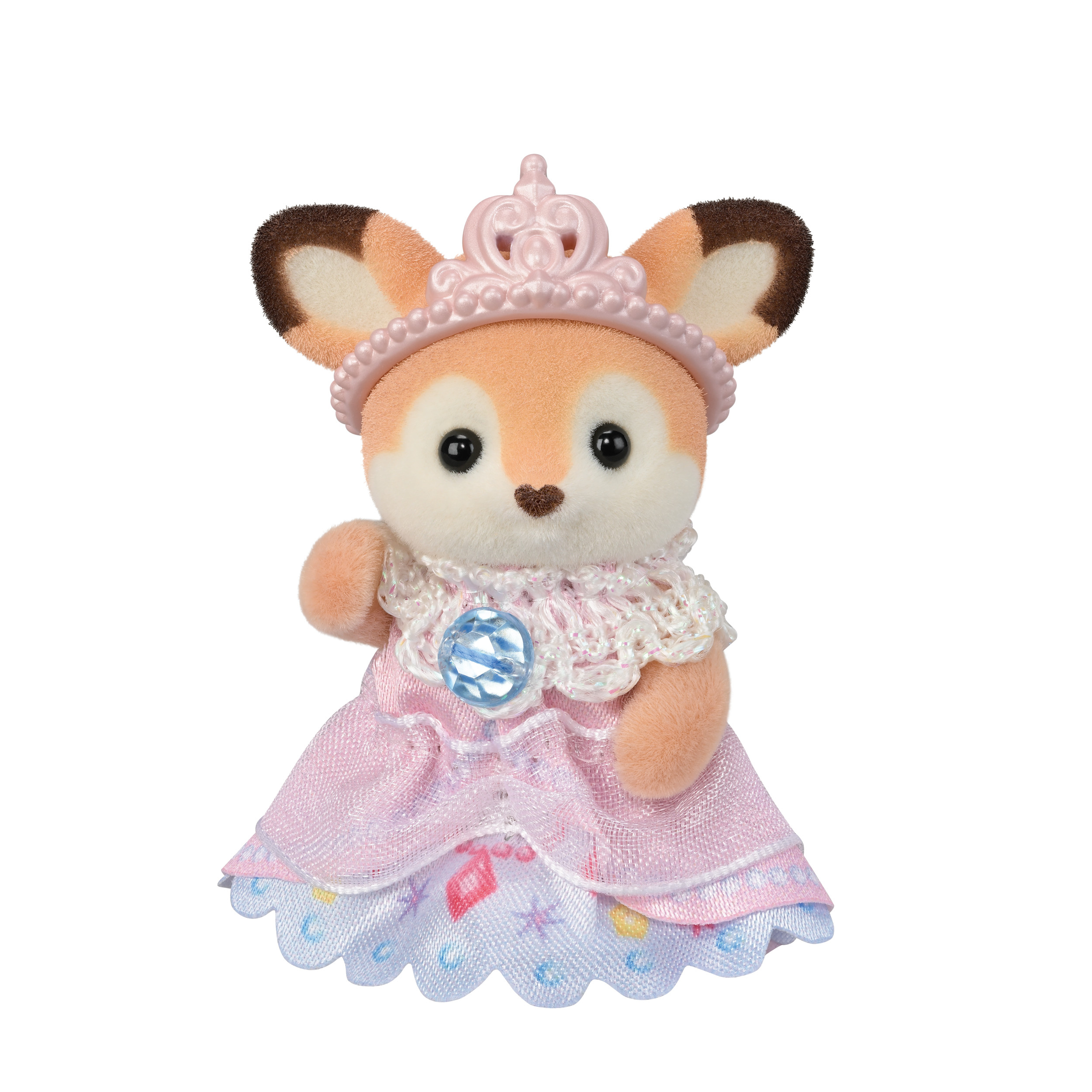Muñeca zorro con vestido rosa, tiara y joya. Tiene ojos negros y orejas con puntas marrones, sobre fondo blanco.
