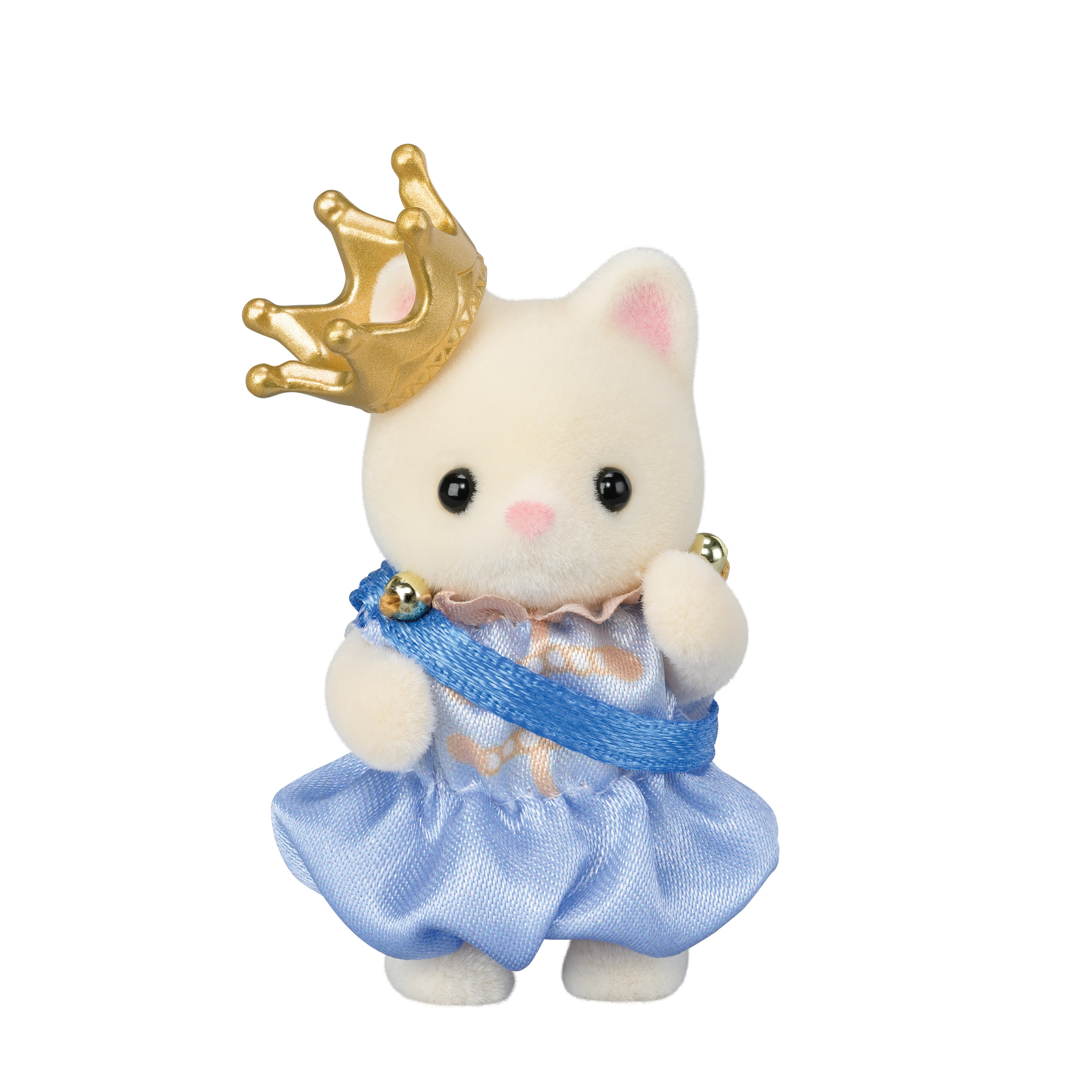 Una figura de gatito blanco con un vestido azul y una corona dorada. Tiene orejas internas rosas y ojos negros.