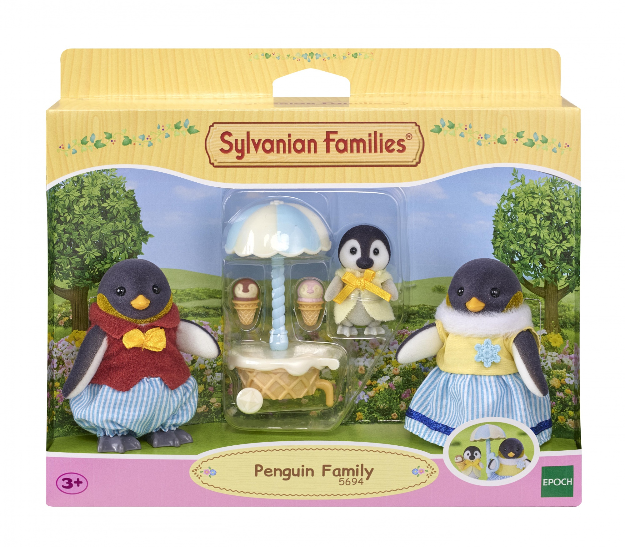Un set de la familia de pingüinos Sylvanian Families. Incluye tres figuras de pingüinos, helado y un carrito de helados.