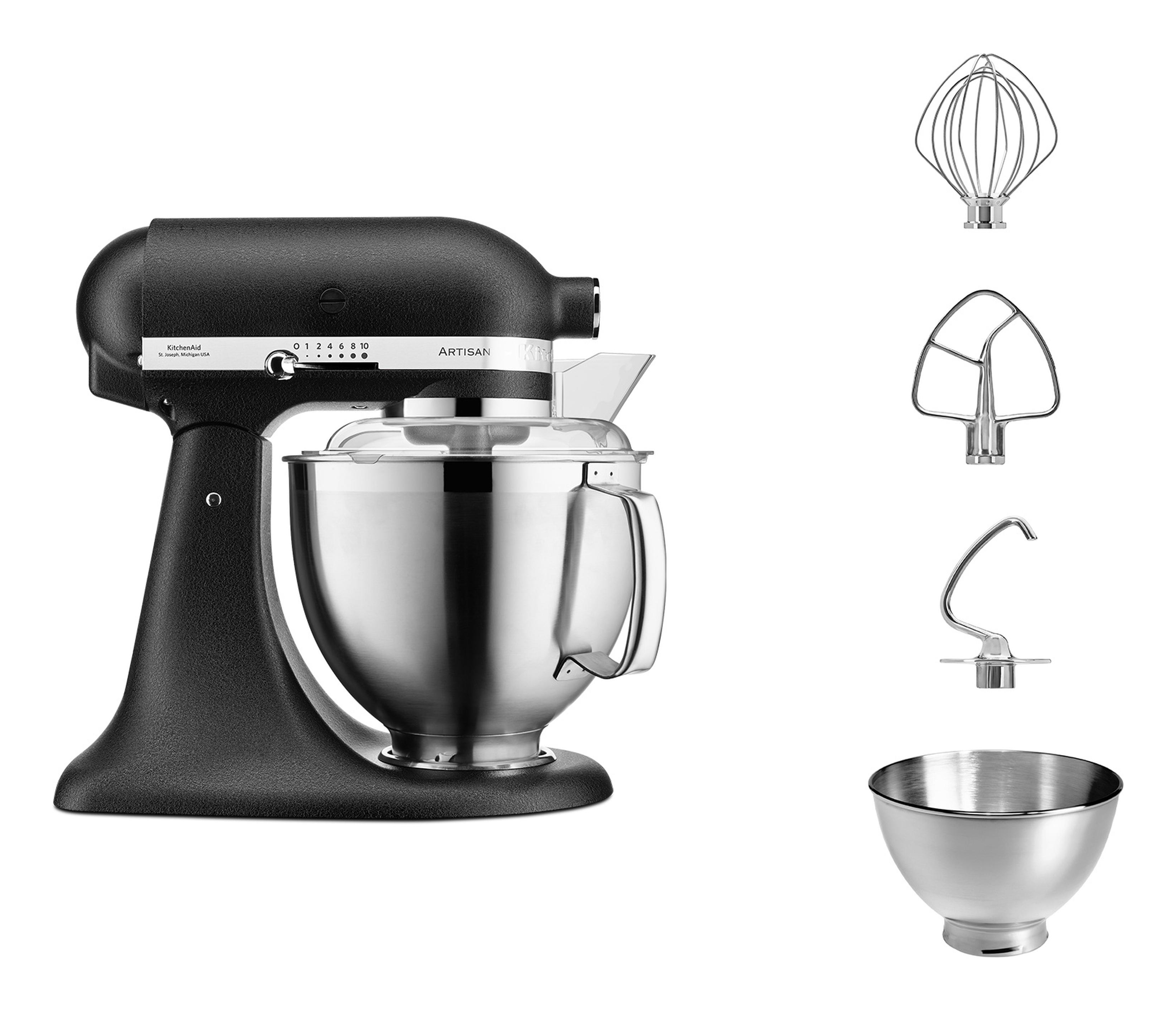 Czarny mikser KitchenAid z przystawkami. Zawiera trzepaczkę, płaskie mieszadło, hak do ciasta i misę.