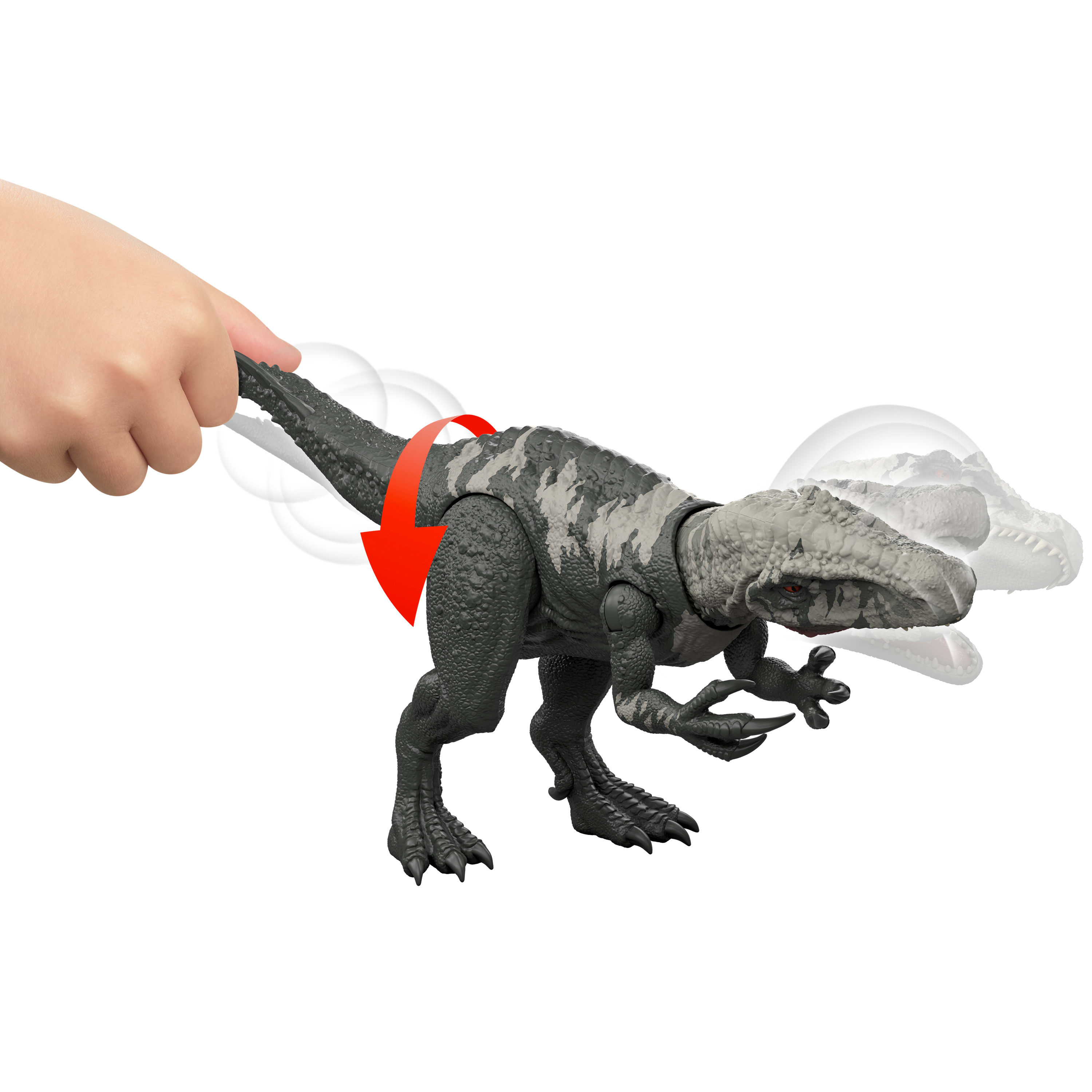 La mano de un niño sostiene un dinosaurio de juguete. El dinosaurio es gris con marcas blancas. Una flecha indica movimiento.