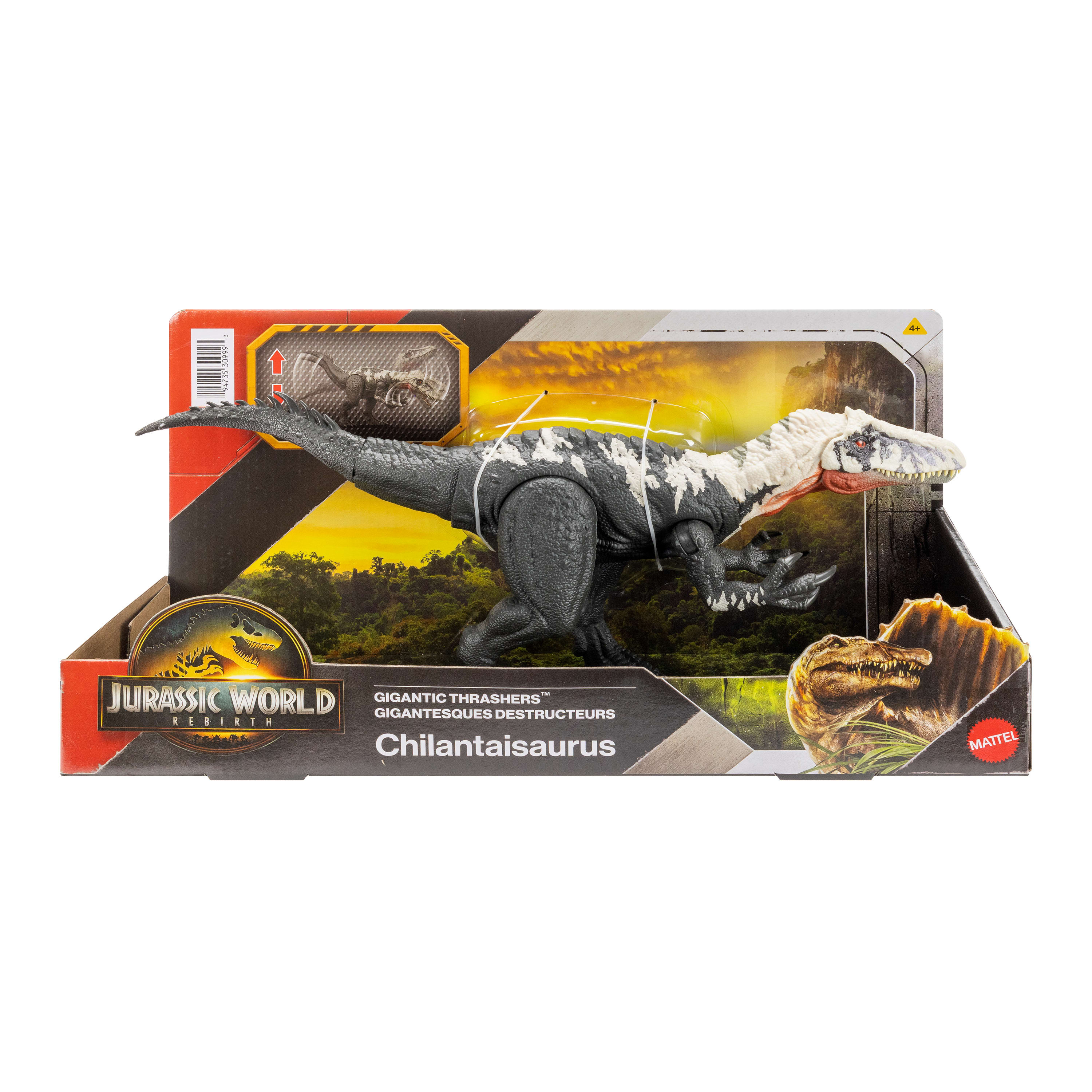 Juguete de dinosaurio en embalaje. Es blanco y negro, con boca roja. La caja dice Jurassic World y Chlantaosaurus.