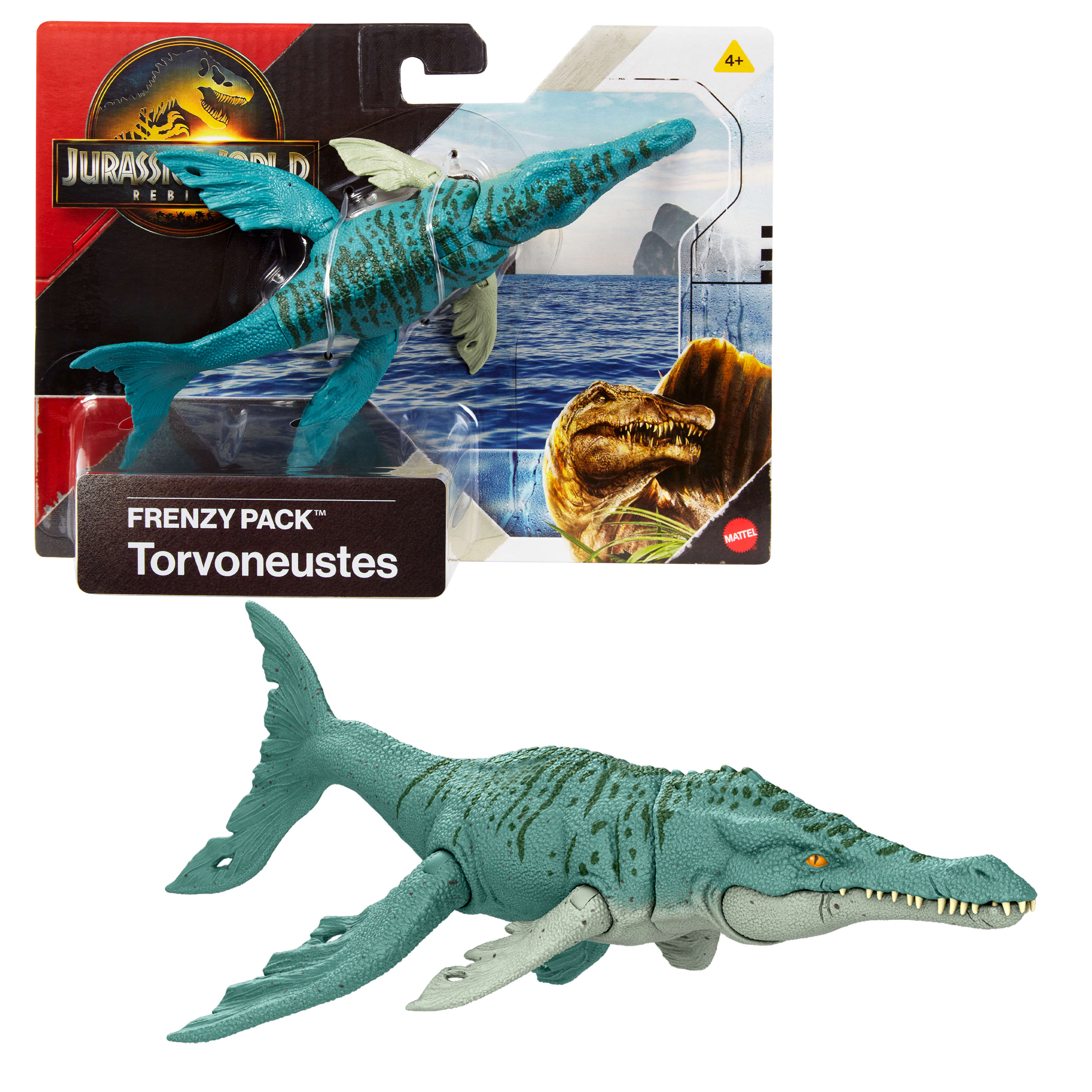 Un juguete Torvoneustes de Jurassic World. Es de color verde azulado, con aletas y rayas. El embalaje muestra una escena marina y un Spinosaurus.