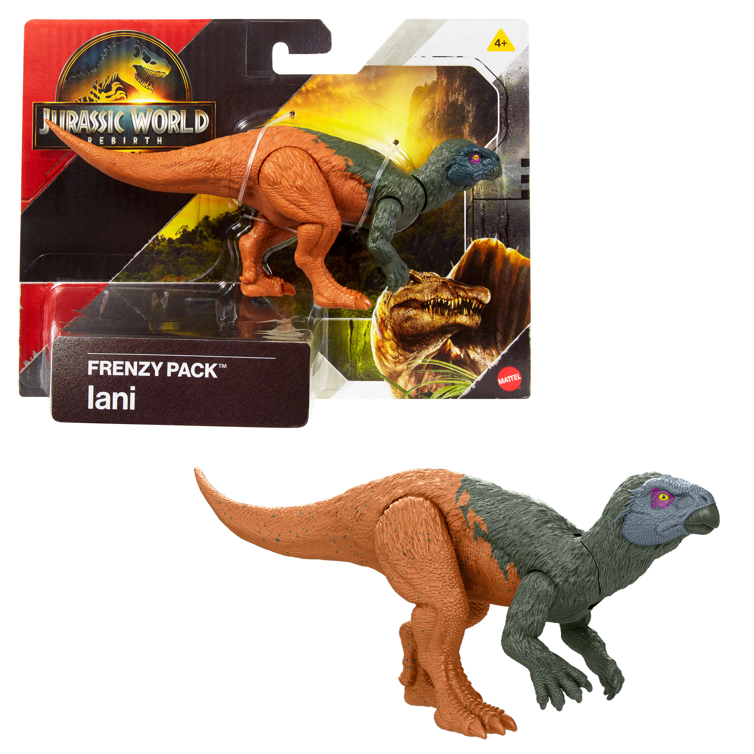 Un juguete de dinosaurio de Jurassic World, naranja y verde, está en un paquete con el nombre "Iani". El fondo es una escena de la jungla.