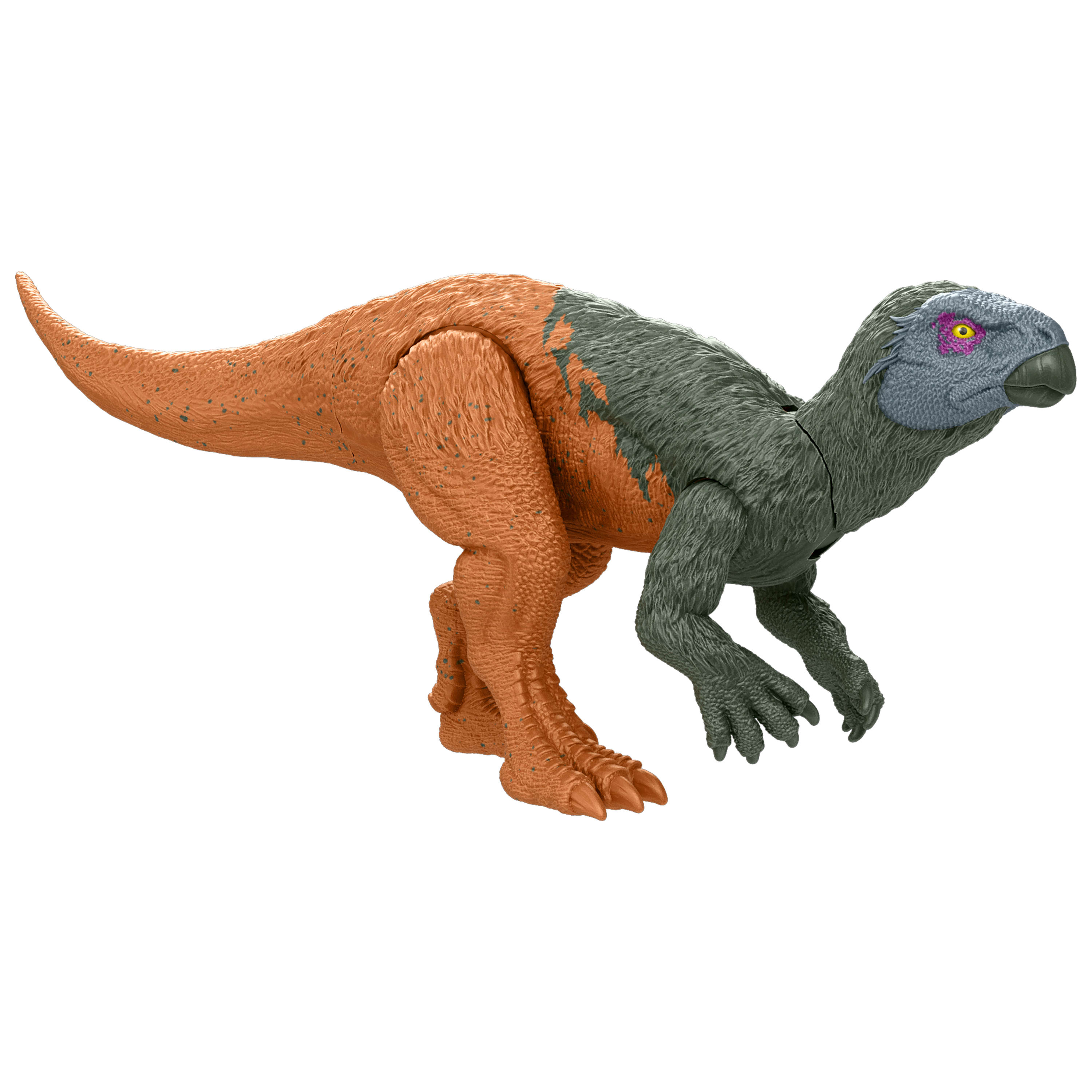 Un dinosaurio de juguete con colores naranja y gris. Tiene una cabeza de pájaro y una cola larga, sobre un fondo blanco.