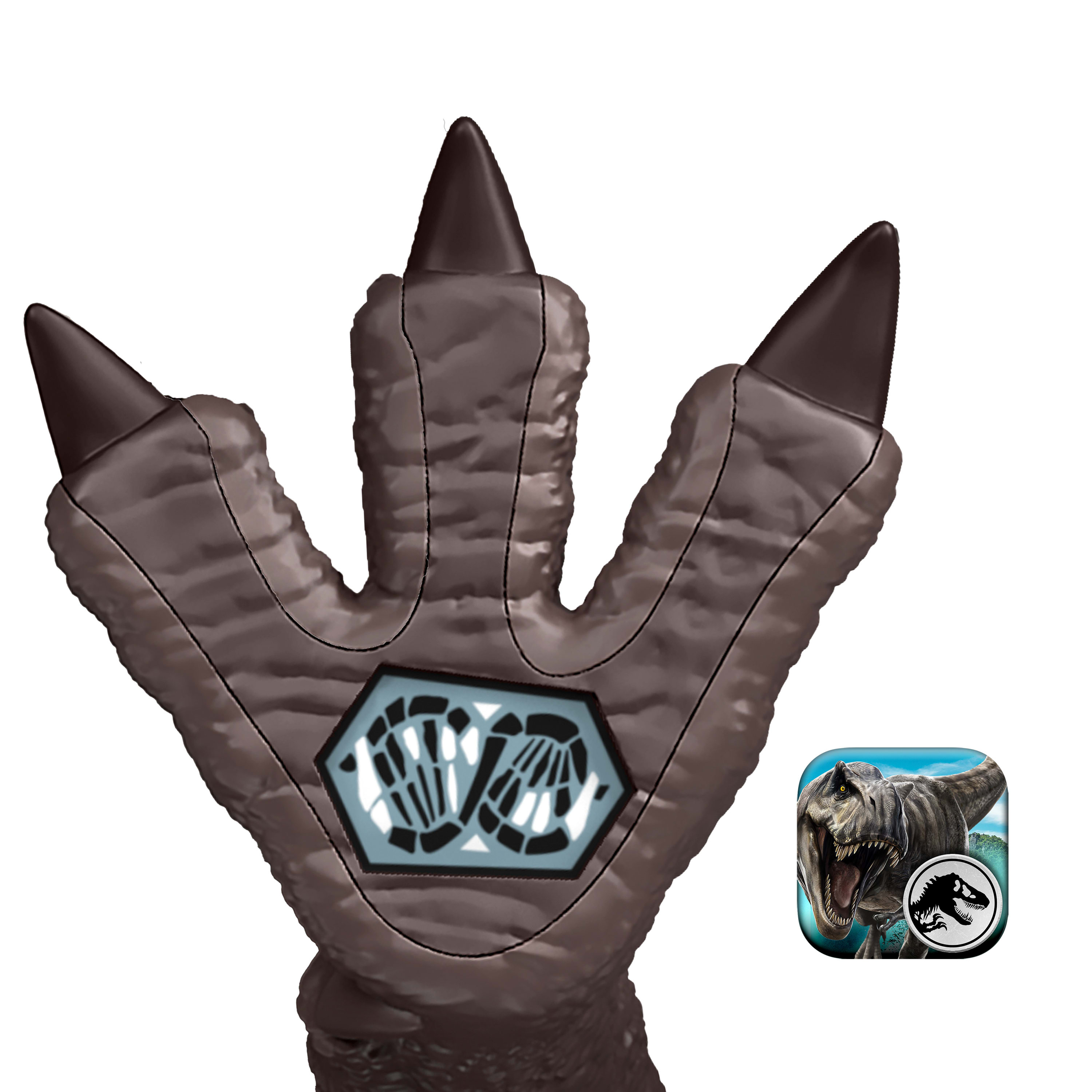 Brązowy ślad stopy dinozaura z trzema pazurami. Ikona aplikacji przedstawia T-rexa. Tło jest białe.