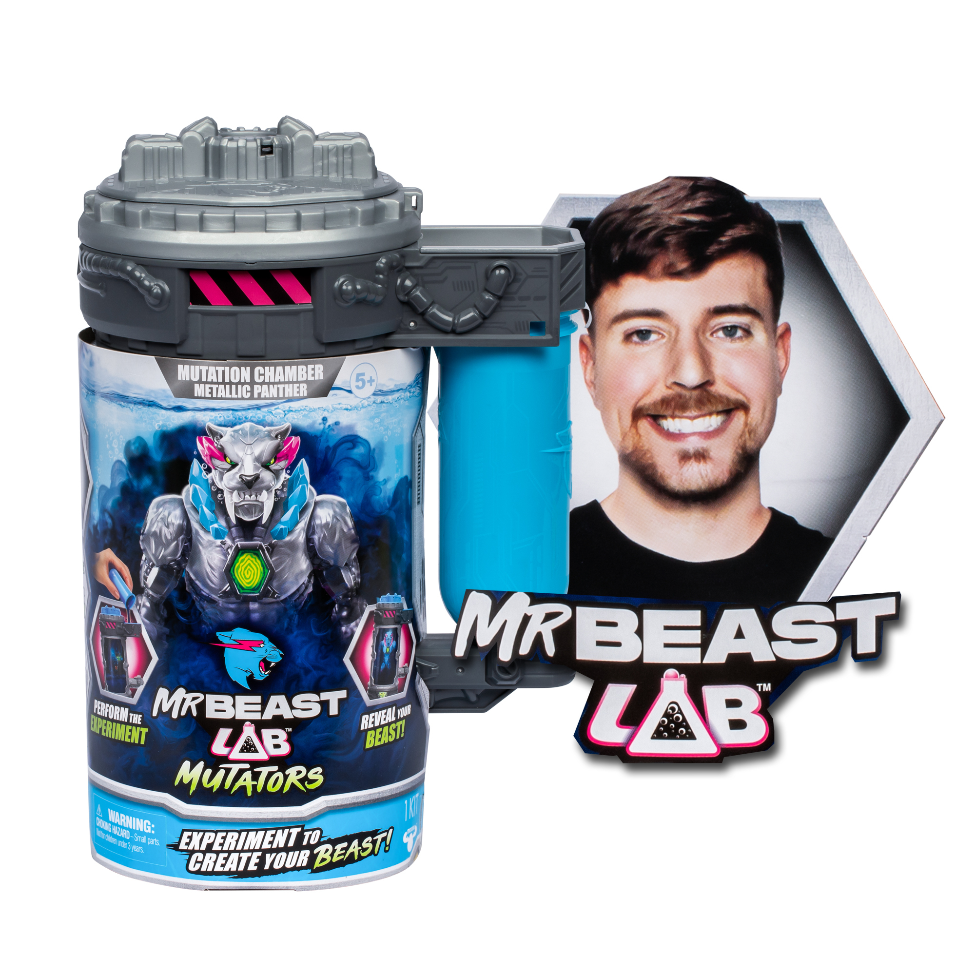 Zestaw zabawek MrBeast Lab Mutators. Zawiera komorę mutacyjną, wizerunek MrBeasta i tekst promocyjny.
