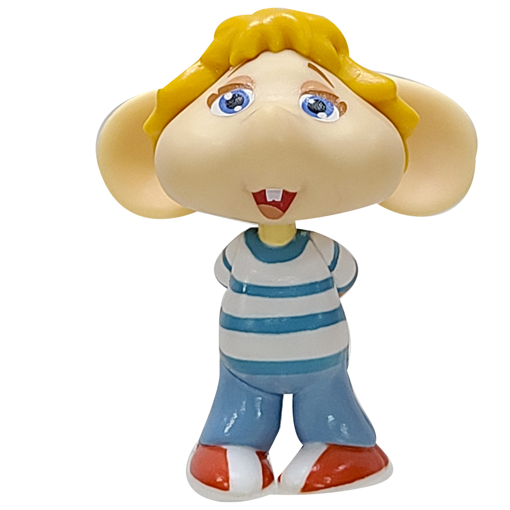 Eine Cartoonfigur mit gelben Haaren, blauen Augen und einem gestreiften Hemd. Sie trägt blaue Hosen und rot-weiße Schuhe. Die Figur hat große Ohren.