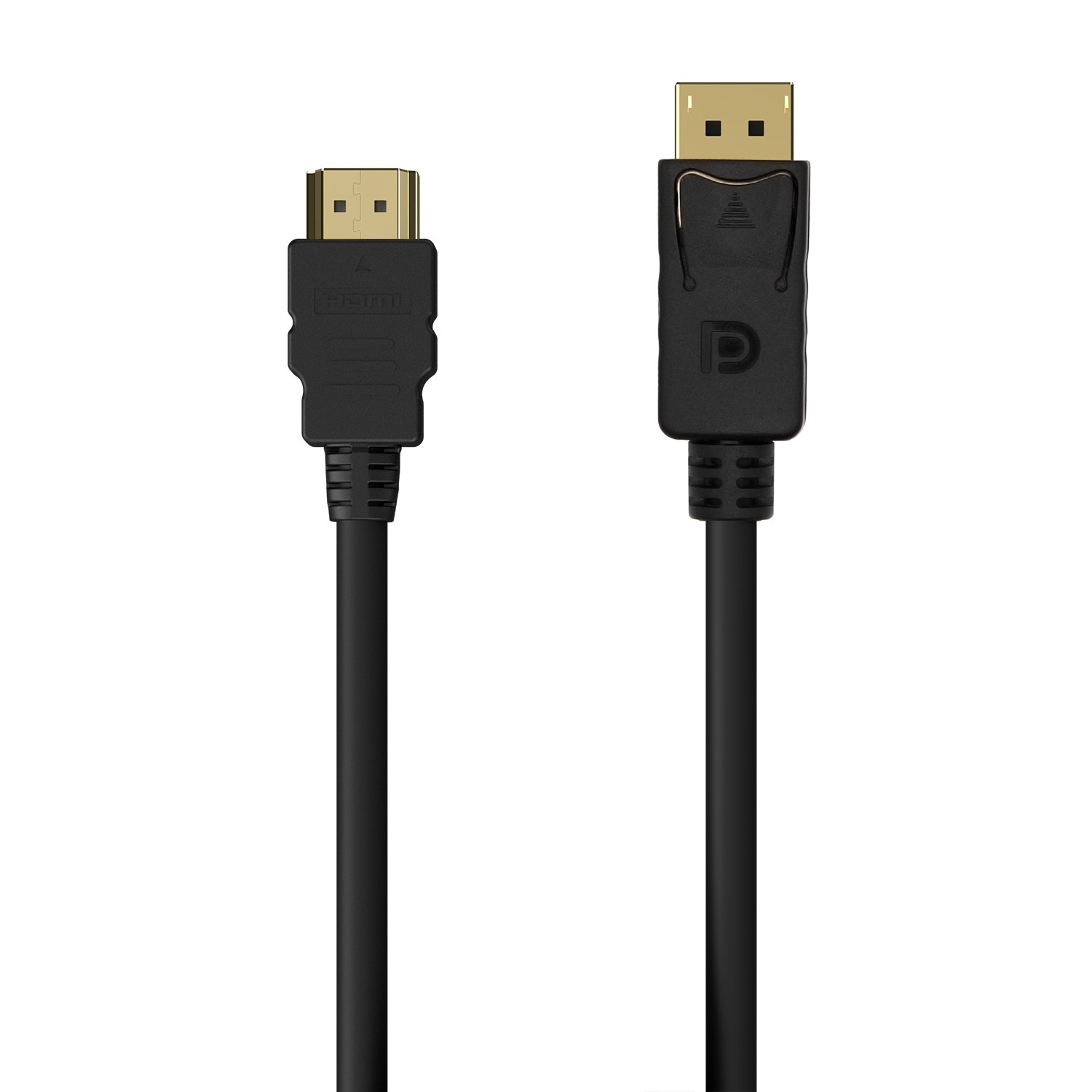 La imagen muestra un cable HDMI y un cable DisplayPort, ambos negros. El conector HDMI está a la izquierda, el DisplayPort a la derecha.