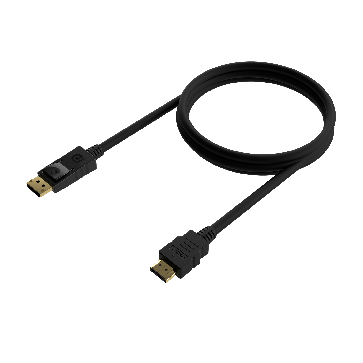 Un cable HDMI negro. Un extremo tiene un conector DisplayPort, el otro un conector HDMI. El cable está en bucle.