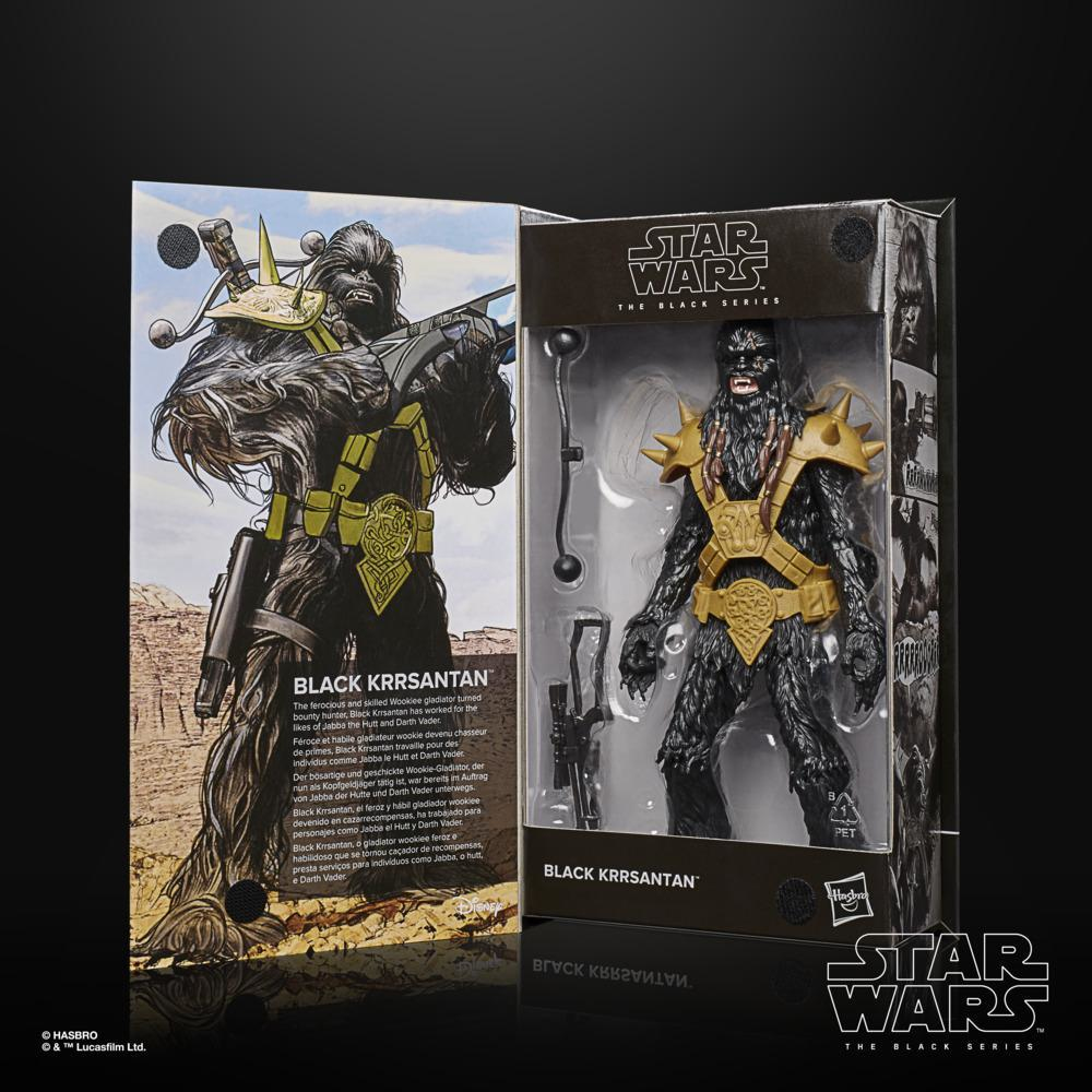 Una action figure di Black Krrsantan in scatola. La scatola mostra l'immagine della figura e il logo di Star Wars.
