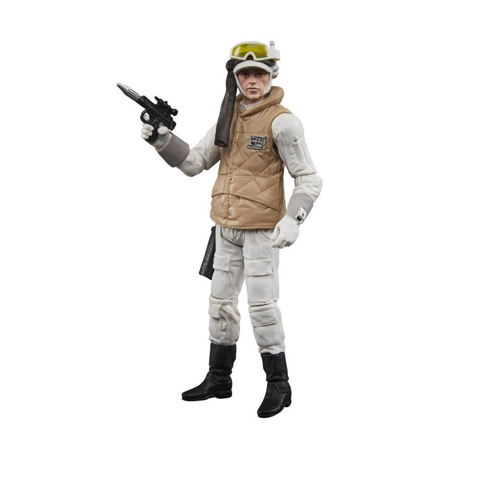 Una figura di Star Wars in tuta bianca e gilet marrone, con un blaster in mano. Indossa un casco con visiera gialla e stivali neri.