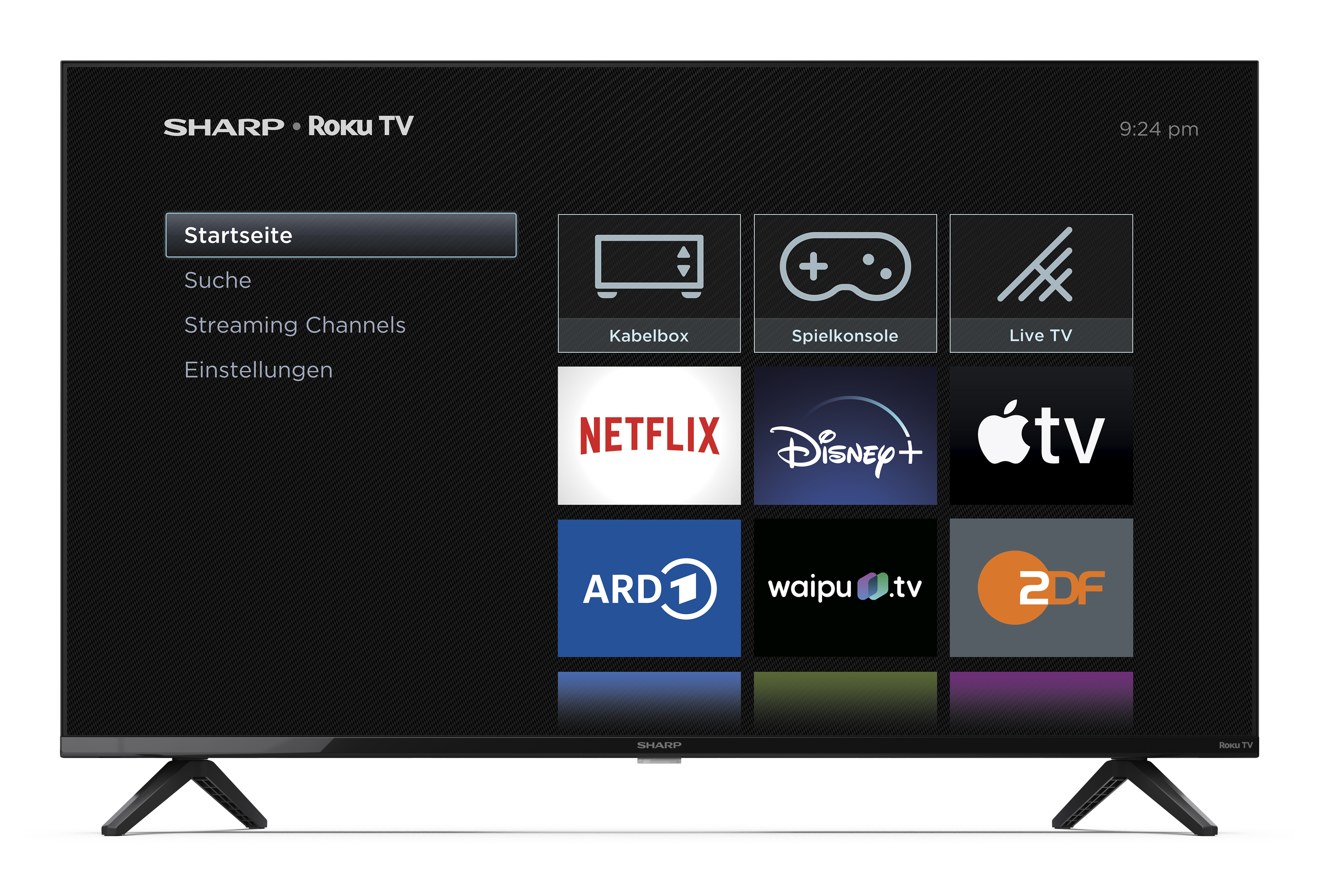 Telewizor Sharp Roku wyświetla menu z ikonami aplikacji. Ekran pokazuje czas, opcje aplikacji i wybór kanałów.