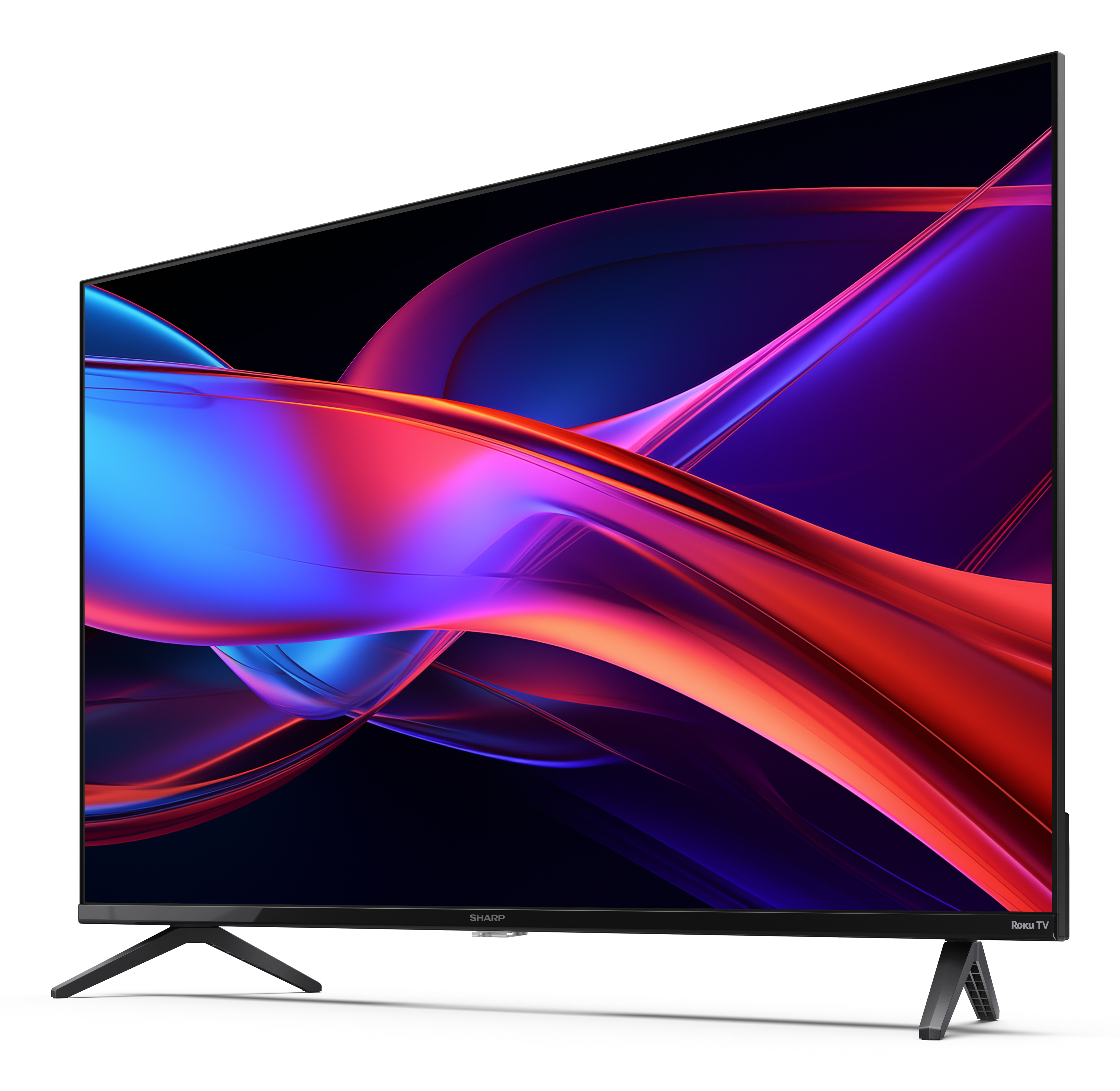 Telewizor Sharp Roku wyświetla abstrakcyjny wzór wirujących czerwonych, fioletowych i niebieskich kolorów na czarnym tle.