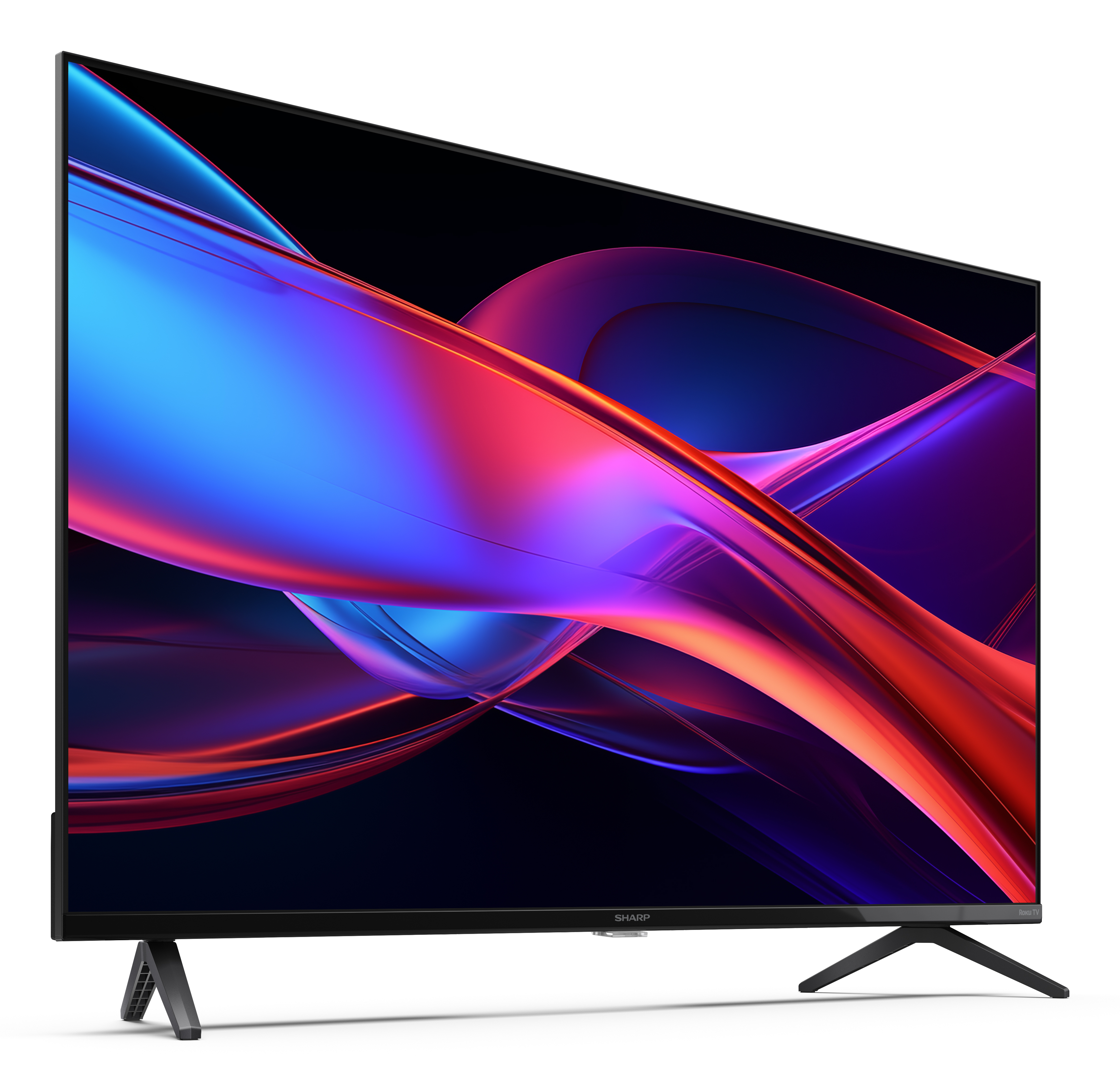 Telewizor z czarną ramką wyświetla wirujący, kolorowy, abstrakcyjny wzór, wsparty na czarnych nóżkach.