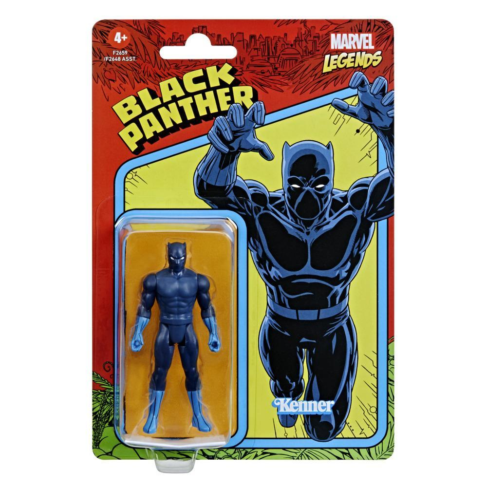 Figurka Black Panther w opakowaniu. Figurka jest czarna i niebieska. Tło to projekt w stylu retro.