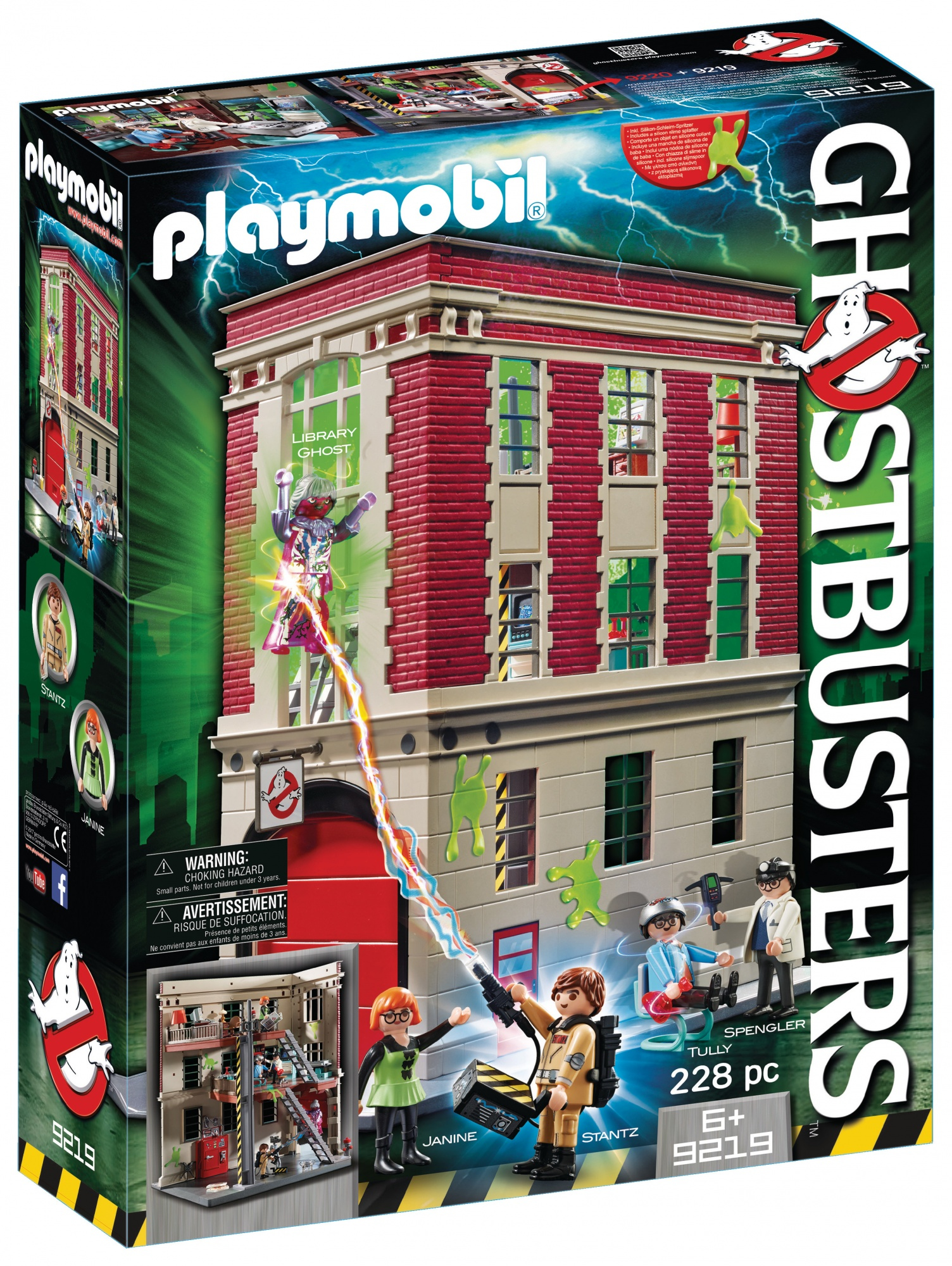 Playmobil Ghostbusters Set Box. Zeigt ein rotes Backsteingebäude mit Figuren der Ghostbusters und einem Geist. Das Playmobil-Logo ist sichtbar.