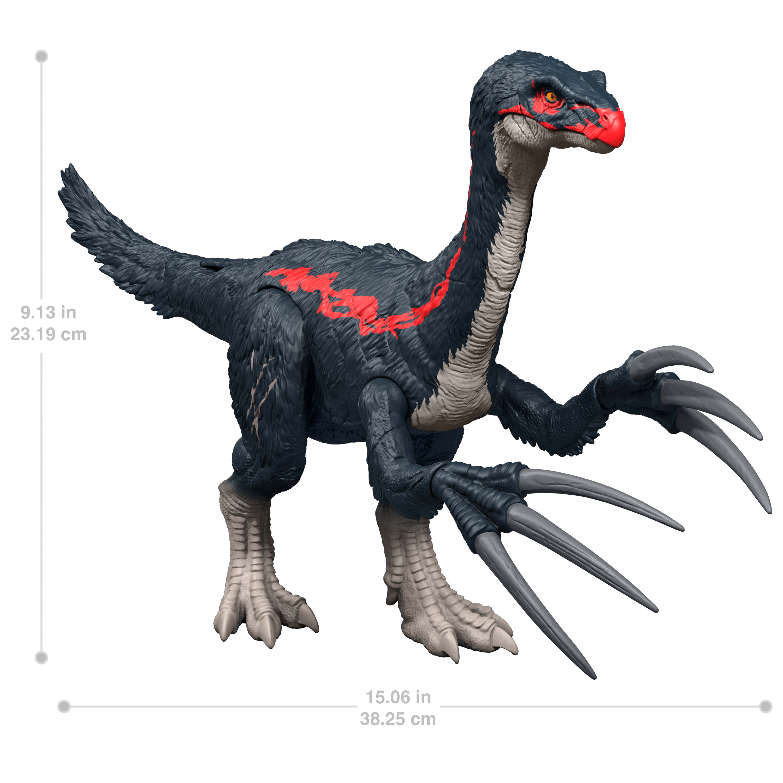 A dinosaur toy with black and red markings, large claws, and a long neck, standing on a white surface.