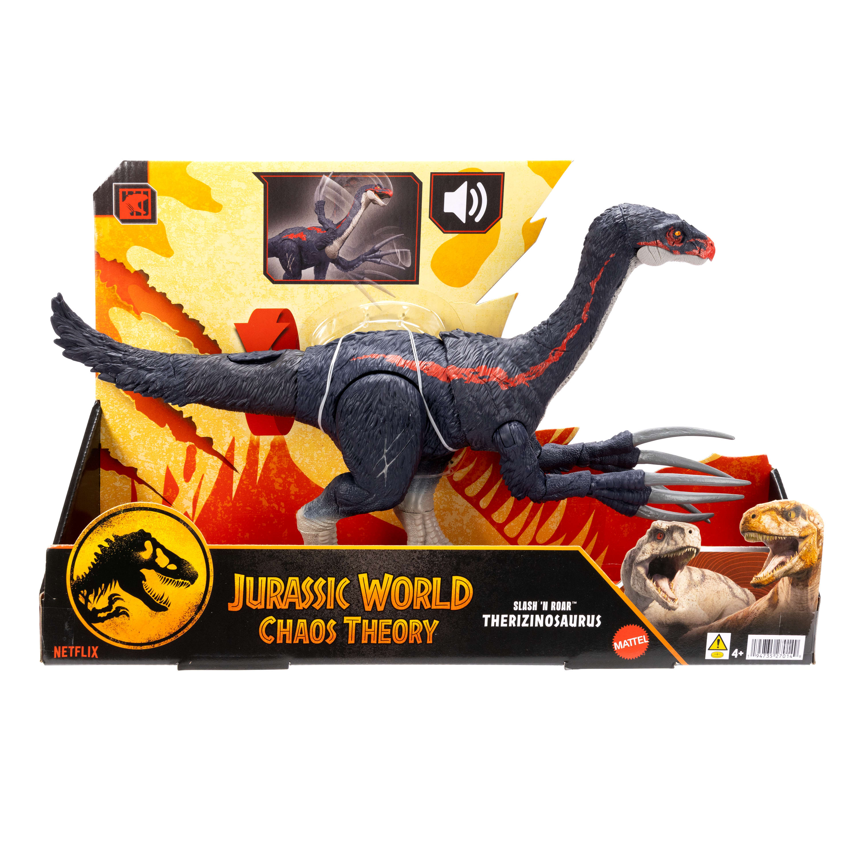 A Jurassic World Chaos Theory Therizinosaurus toy. It is dark blue with red stripes. The box is in the background.