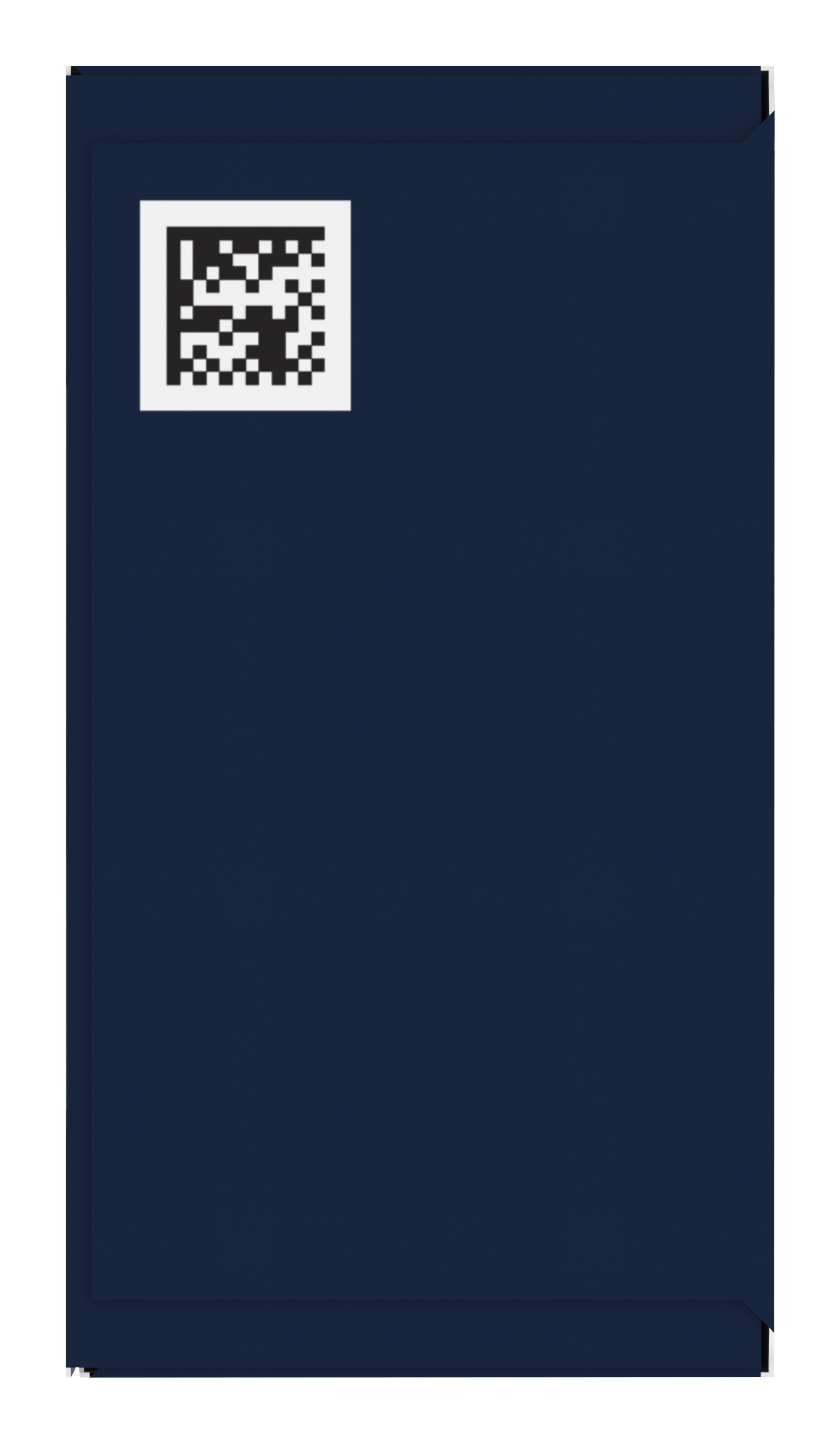 Ciemnoniebieska koperta z białym kwadratem zawierającym czarno-biały kod QR w lewym górnym rogu.