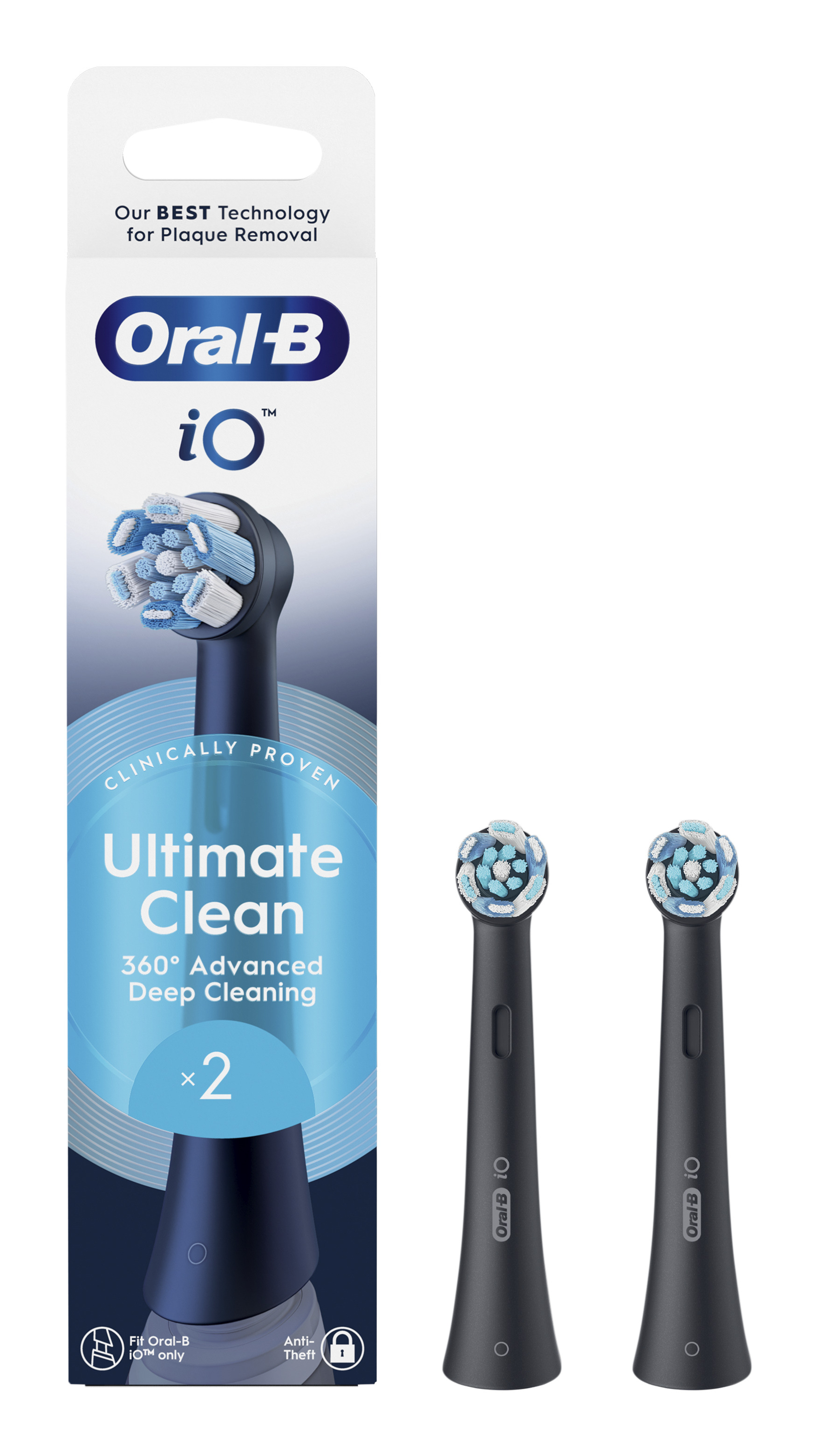 Główki szczoteczki do zębów Oral-B iO w opakowaniu. Opakowanie zawiera tekst i zdjęcia główki. Dwie główki zapasowe na zdjęciu.