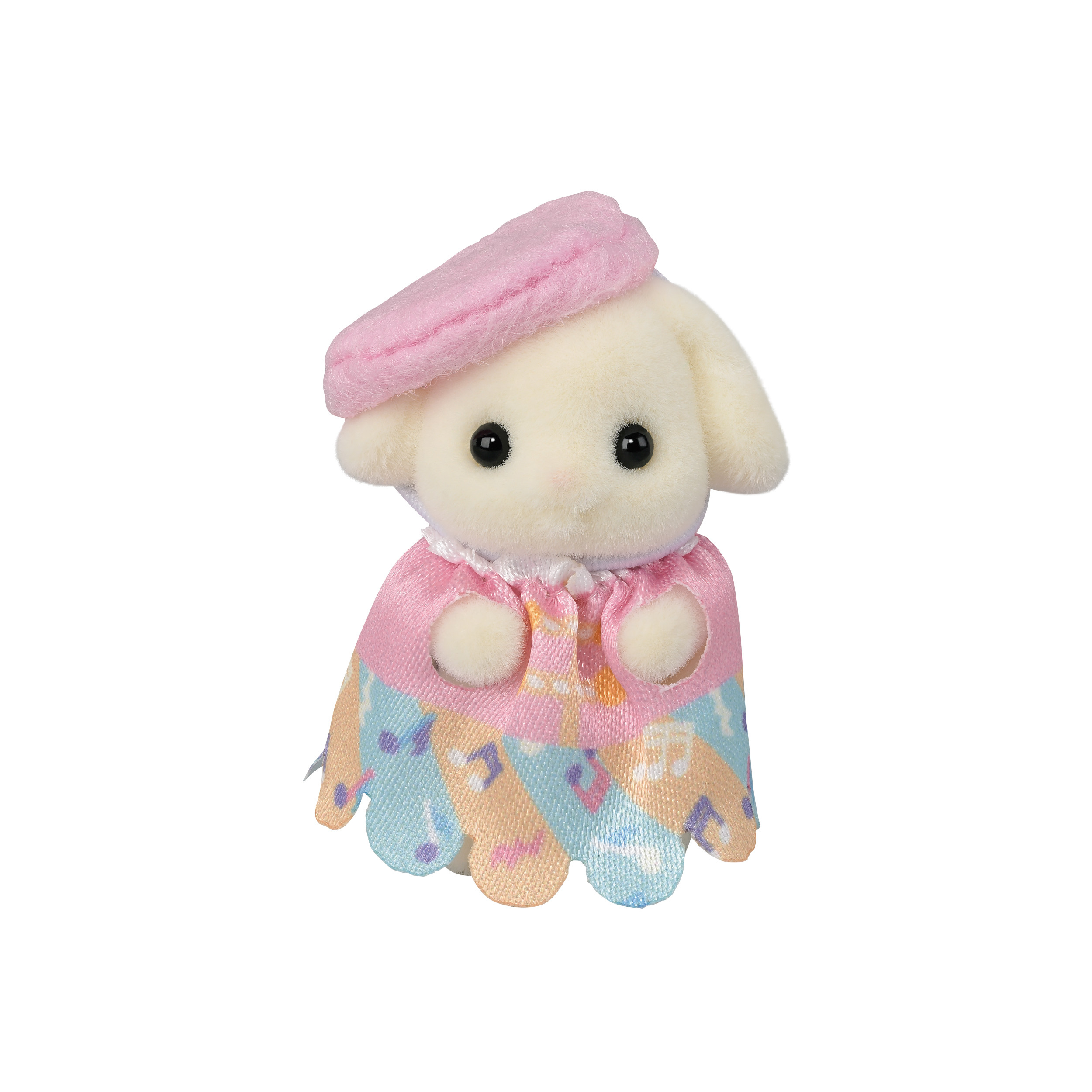 Una figura de conejo blanco con boina rosa y vestido colorido con notas musicales.