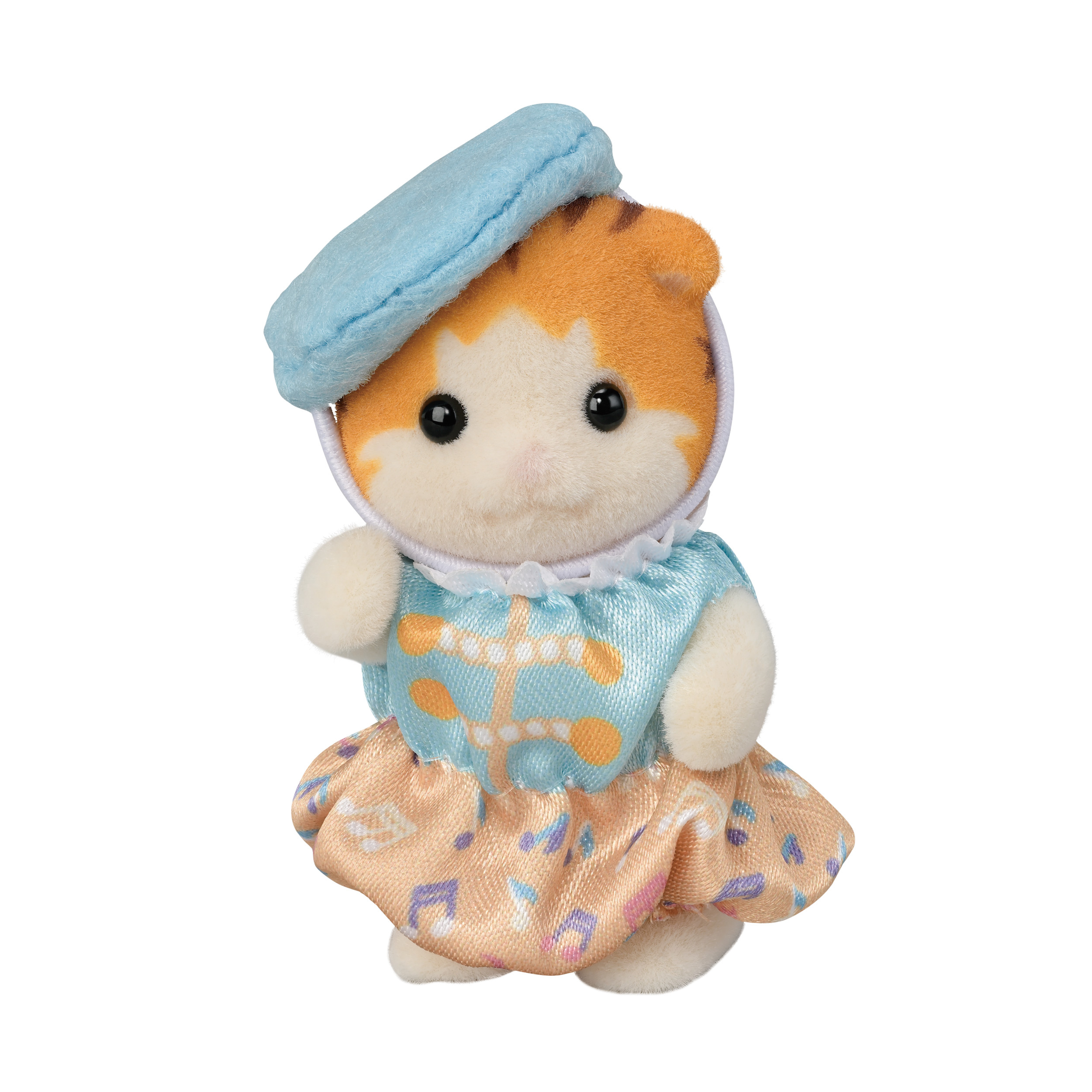 Una figura de gato con vestido y sombrero. Tiene pelaje naranja y blanco, vistiendo un vestido y sombrero azules.