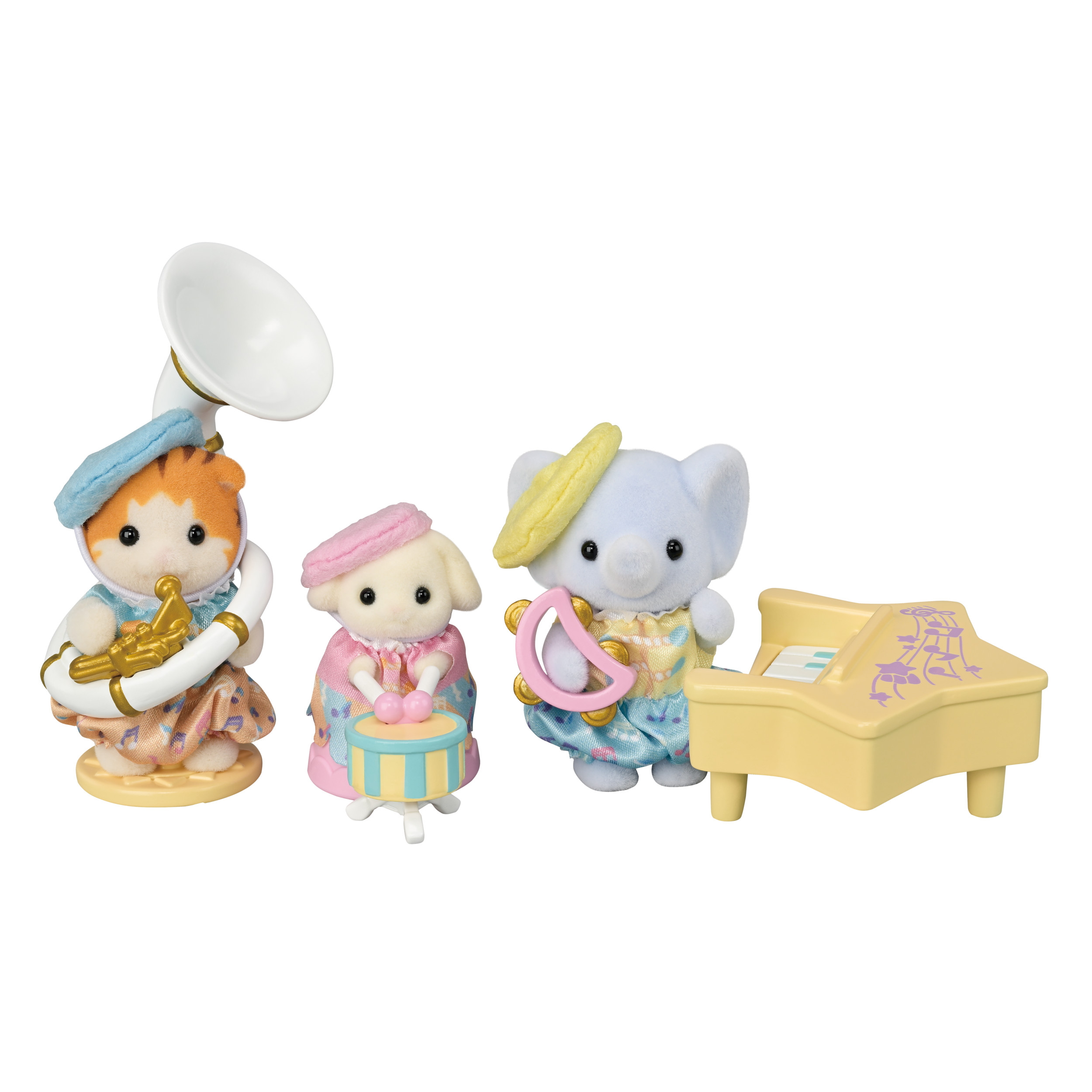 Cuatro figuras de animales: gato con trompeta, perro con tambor, elefante con pandereta y piano. Todos vestidos con trajes a juego.