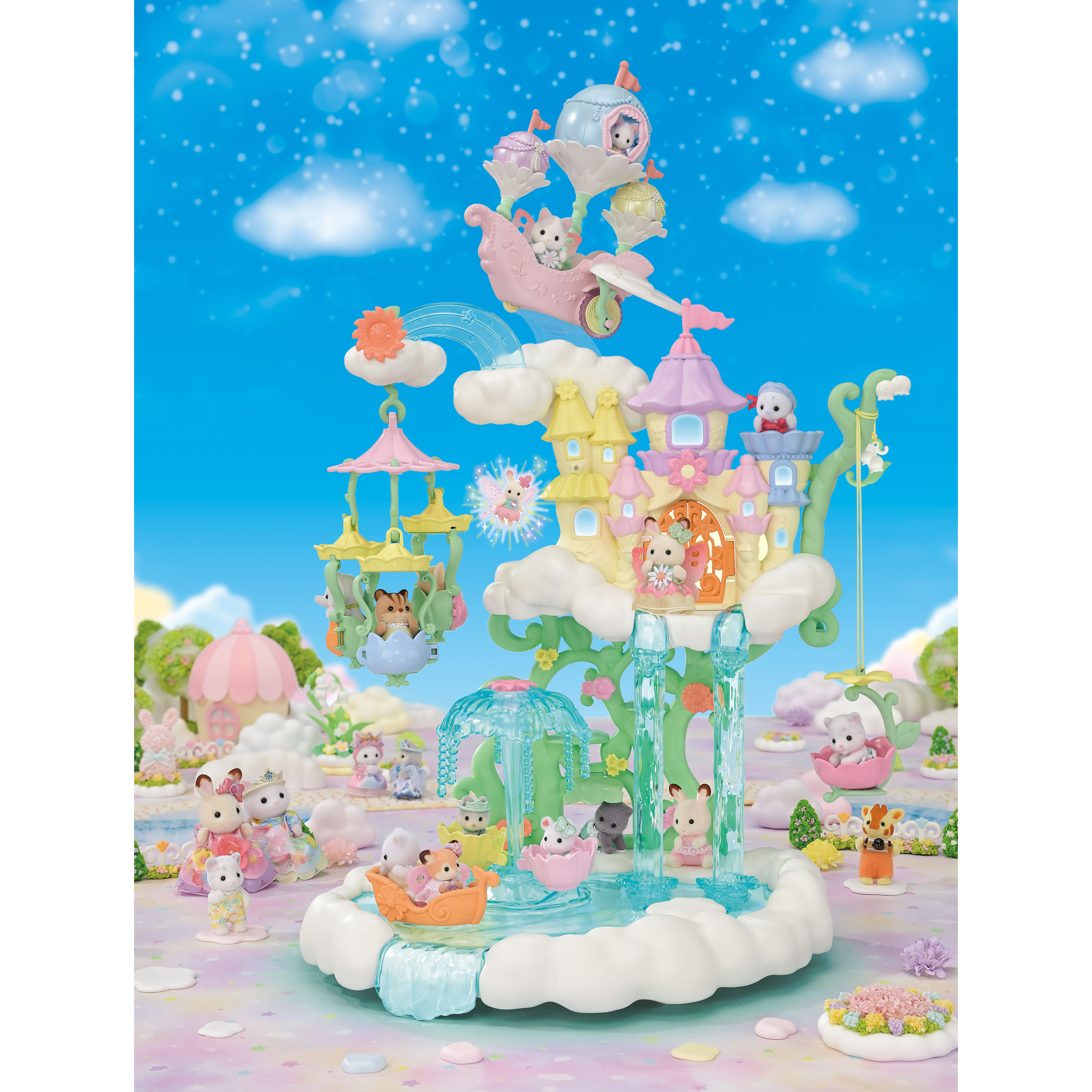 Un juego de fantasía con figuras de animales en una estructura similar a un castillo con fuentes y elementos voladores.
