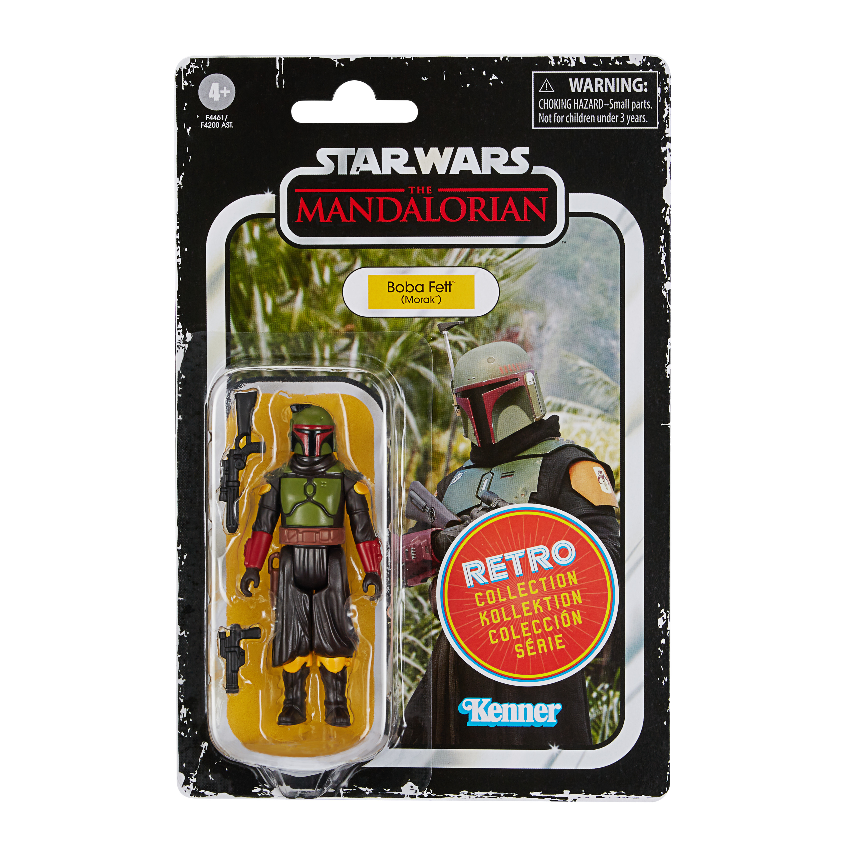 Action figure di Boba Fett nella confezione. La confezione ha un logo di Star Wars ed etichette di avvertimento. È presente un logo Kenner.