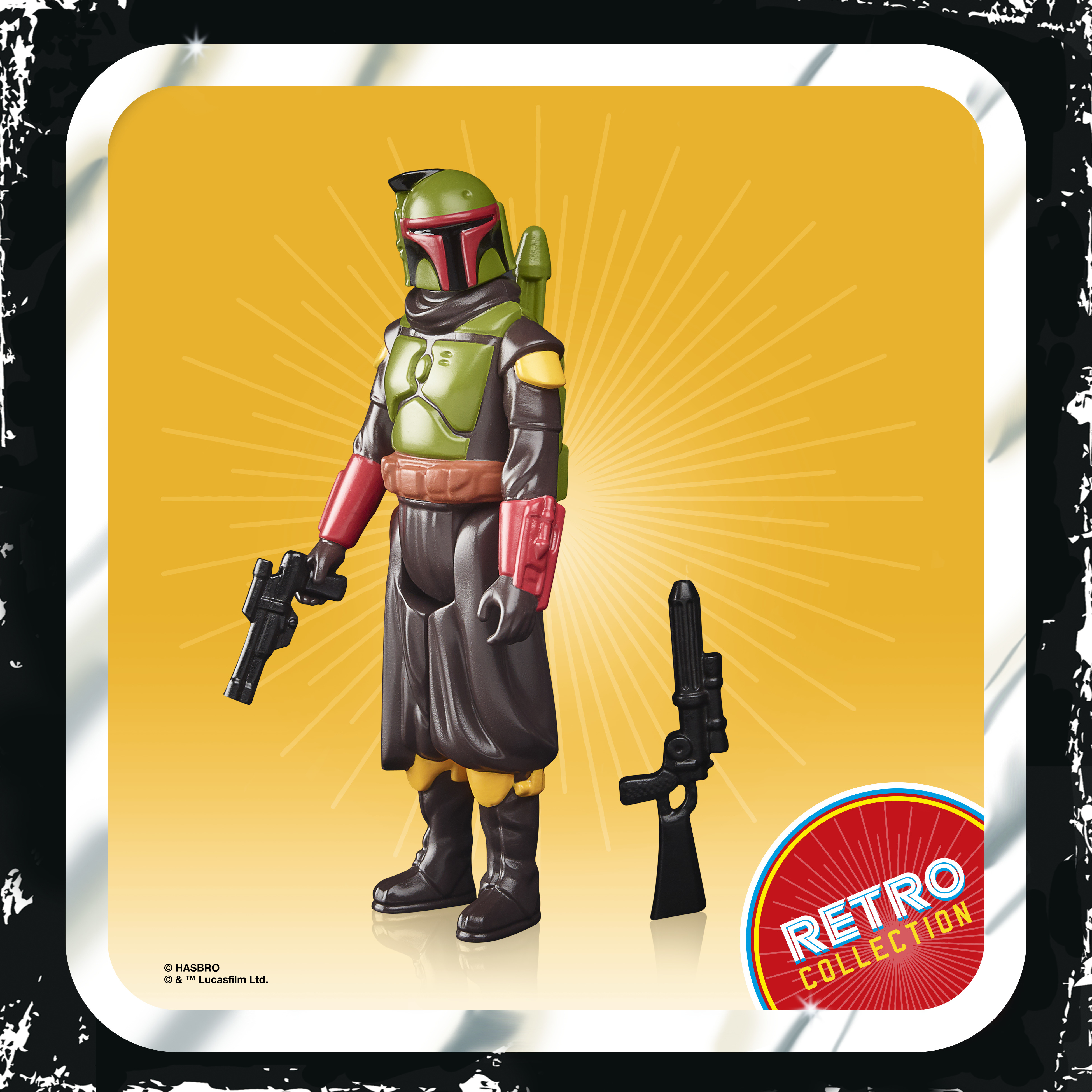 Una action figure di Boba Fett con due blaster. La figura è su uno sfondo giallo con raggi di sole e un logo Retro Collection.