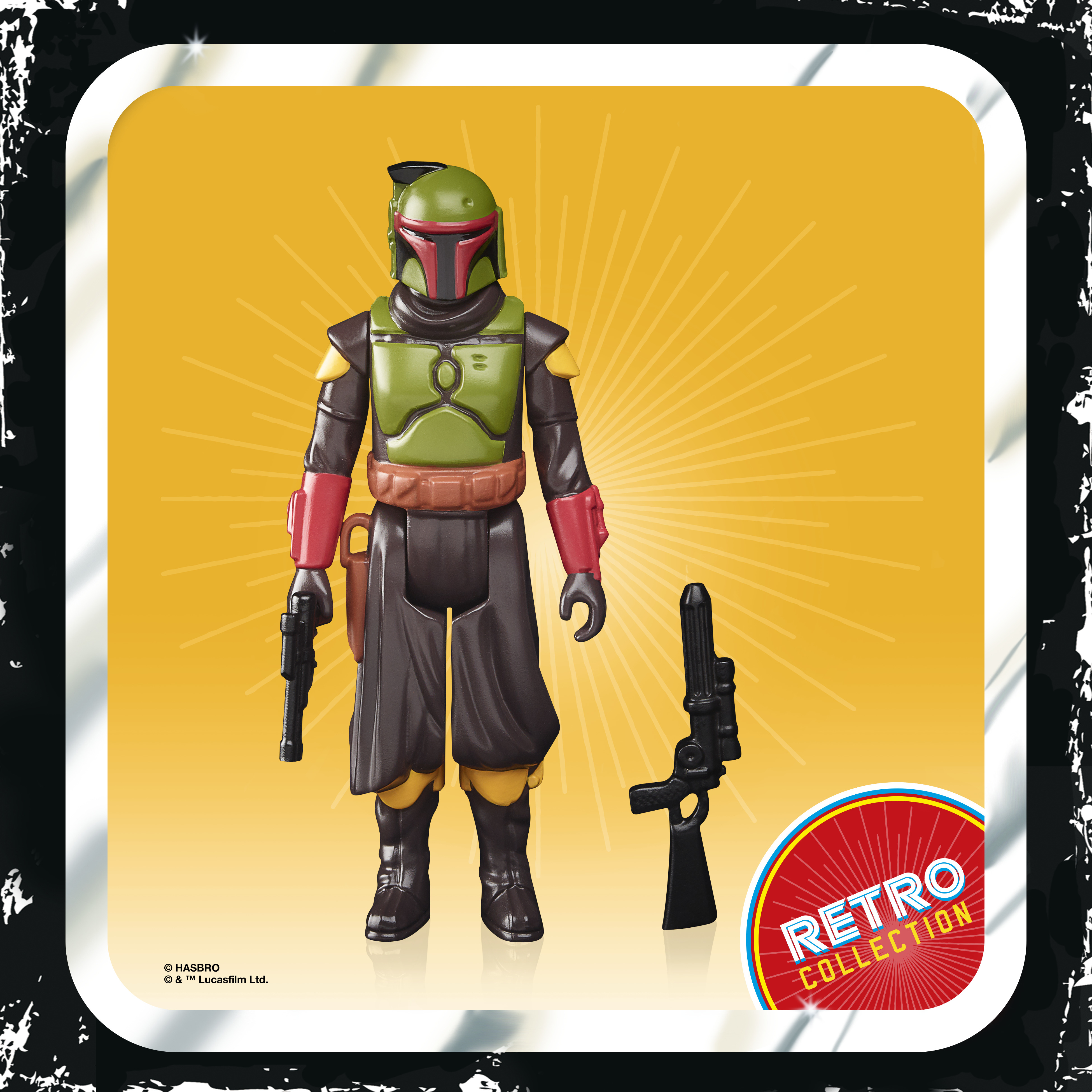 Action figure di Boba Fett. Armatura verde e rossa, pantaloni neri, due blaster. Logo Retro Collection sullo sfondo.
