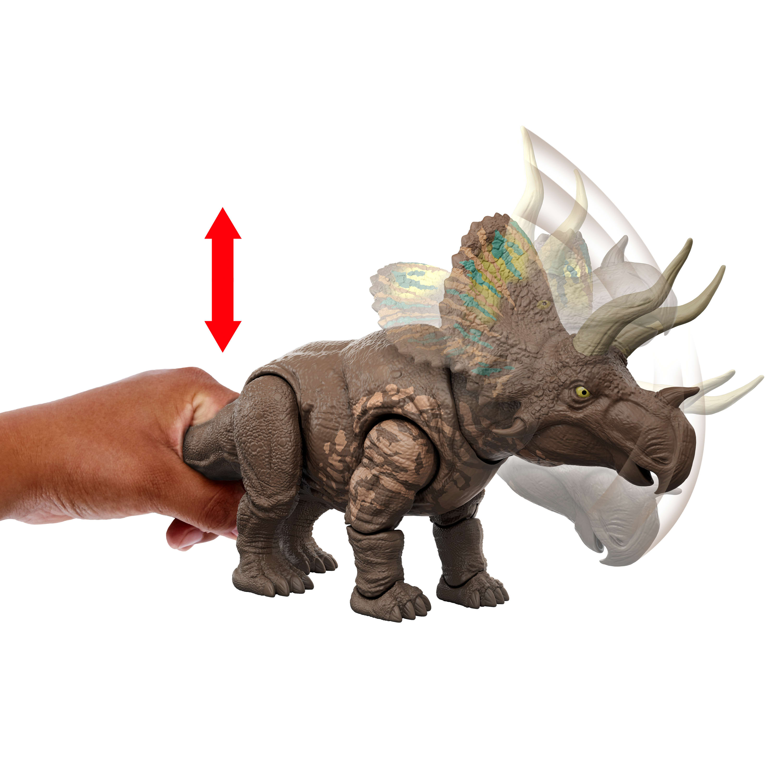 Ein braunes Triceratops-Spielzeug wird von einer Hand gehalten. Ein roter Auf-Ab-Pfeil ist links. Bewegungsstriche sind hinter dem Spielzeug.