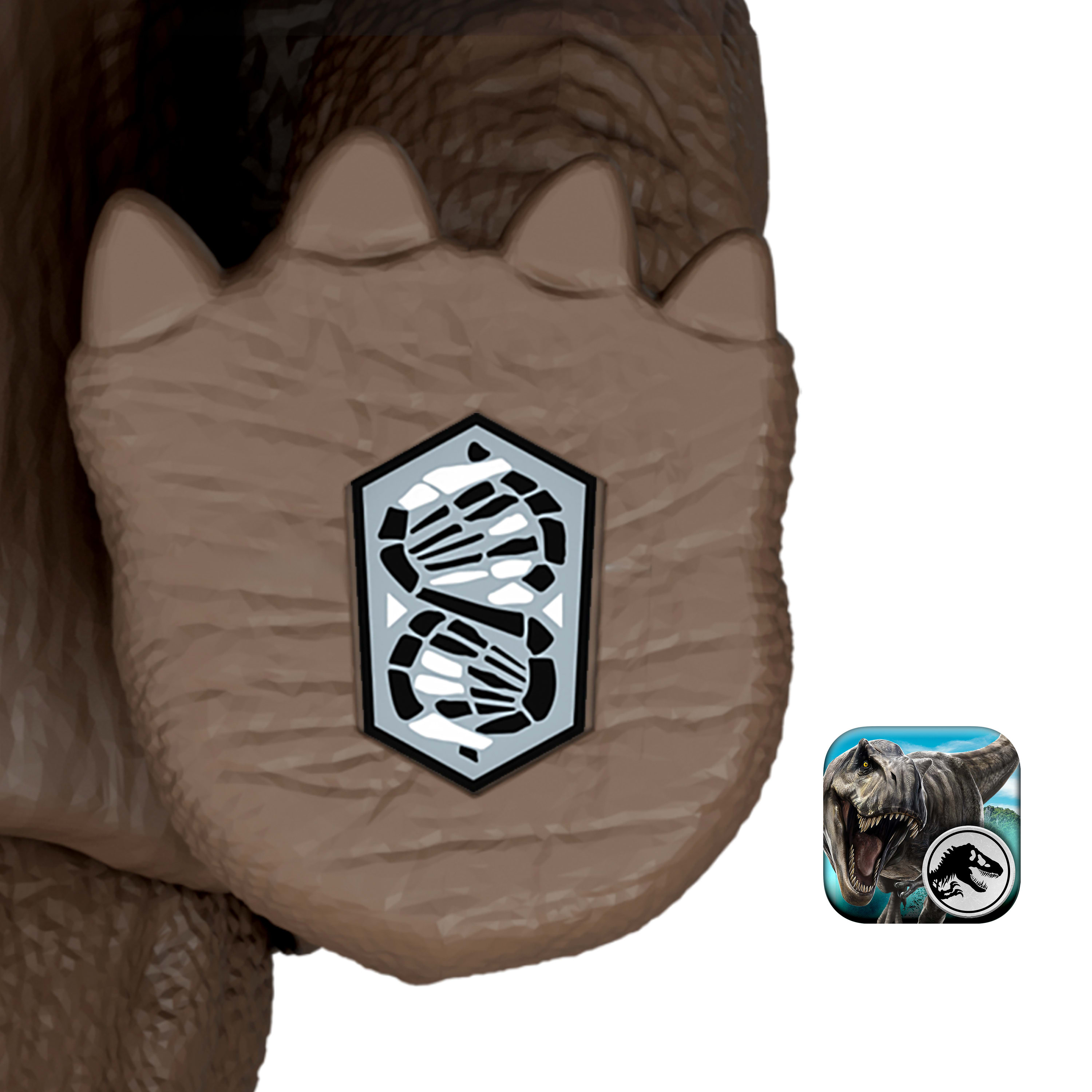 Brauner Dinosaurierfuß mit DNA-Symbol. Ein Jurassic Park-Logo ist ebenfalls unten rechts vorhanden.