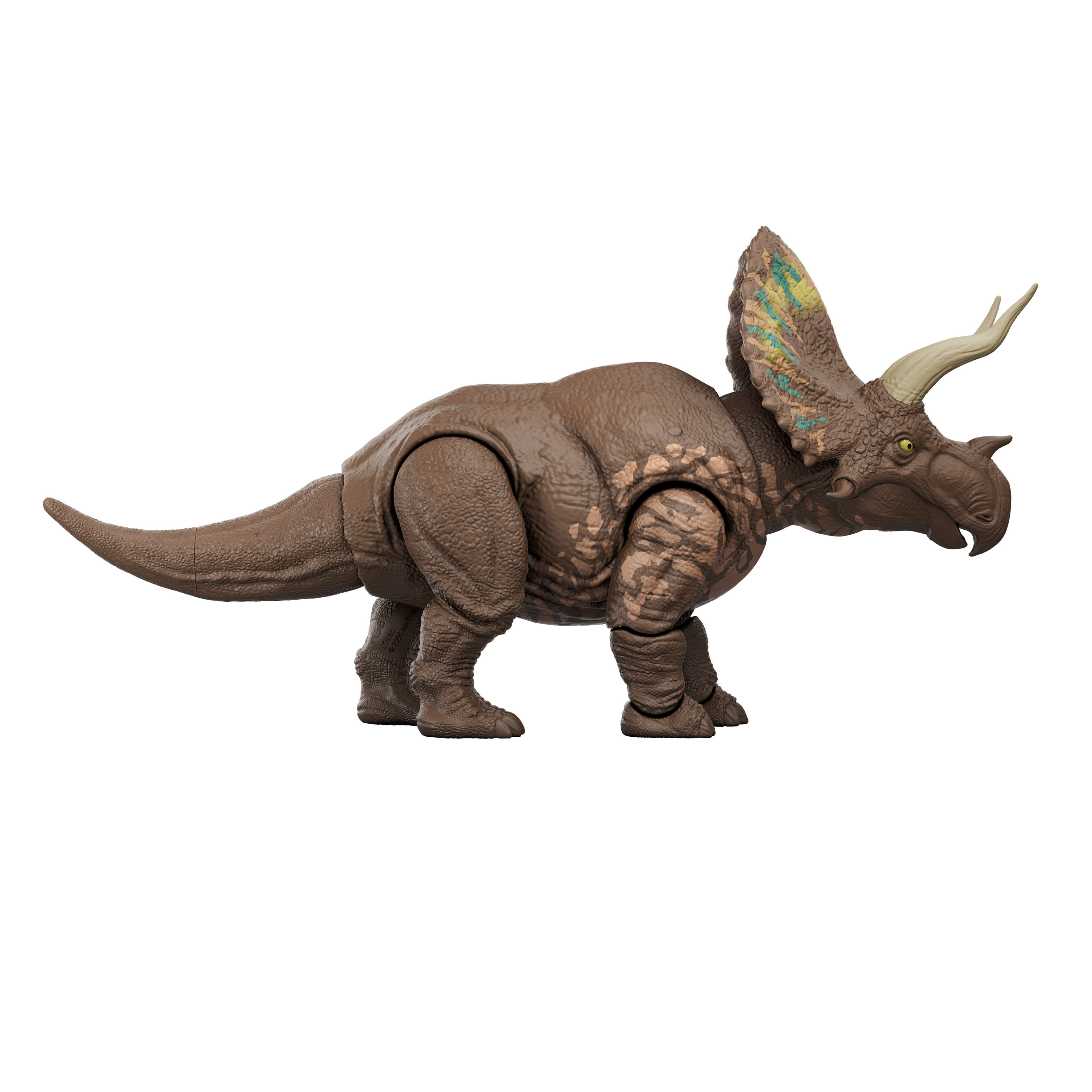Ein braunes Triceratops-Spielzeug auf weißem Grund. Es hat Hörner, einen Kragen und ist im Seitenprofil.