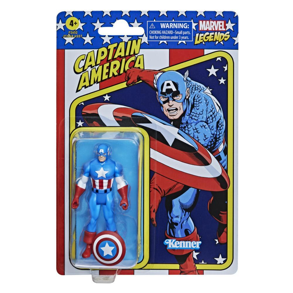 Figurka Captain America w opakowaniu. Opakowanie przedstawia ilustrację Kapitana Ameryki i samą figurkę.